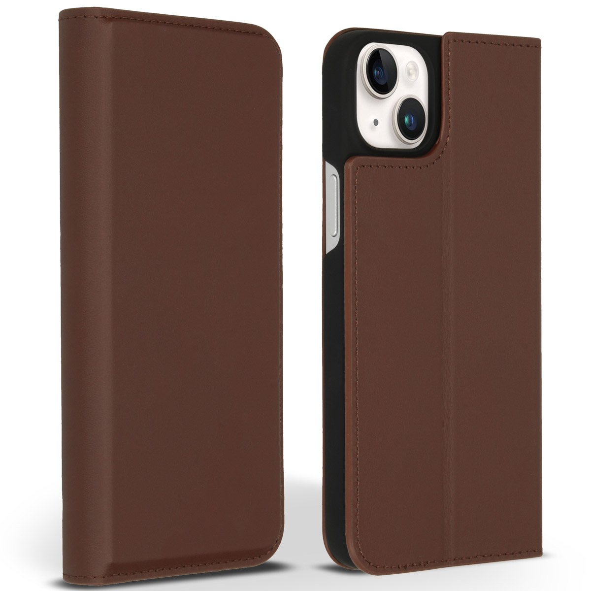 Un étui de téléphone en cuir marron est ouvert. Le téléphone est visible à droite. L'étui est sur une surface blanche.