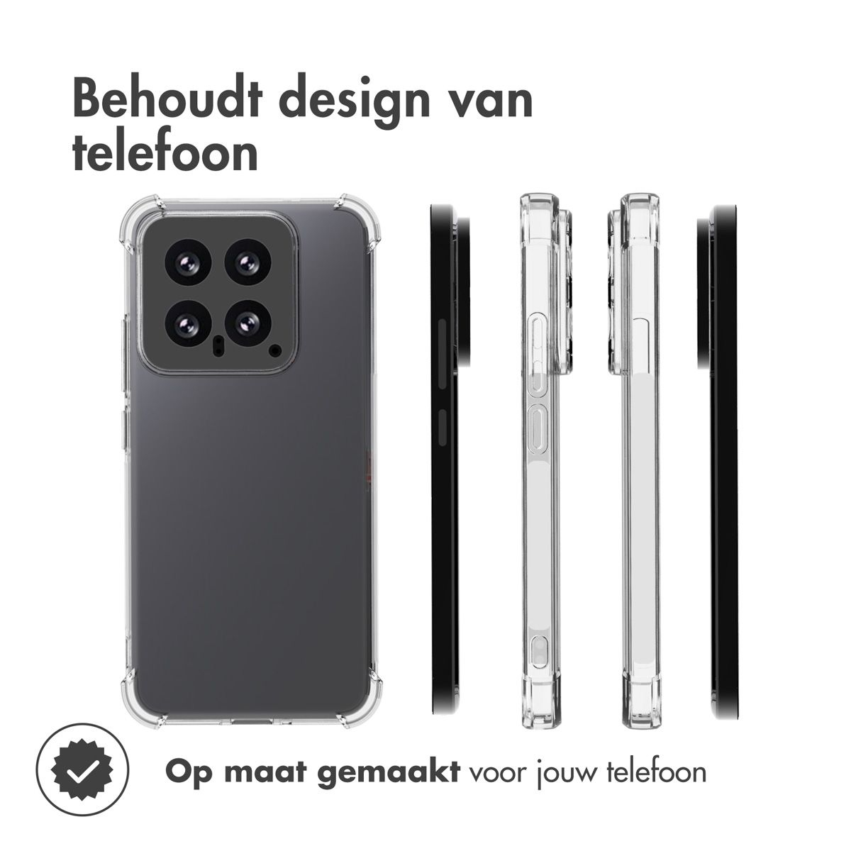 L'immagine mostra custodie per telefoni, trasparenti e nere, con un telefono all'interno di una. Testo: 'Mantiene il design del telefono' e 'Fatto su misura per il tuo telefono'.