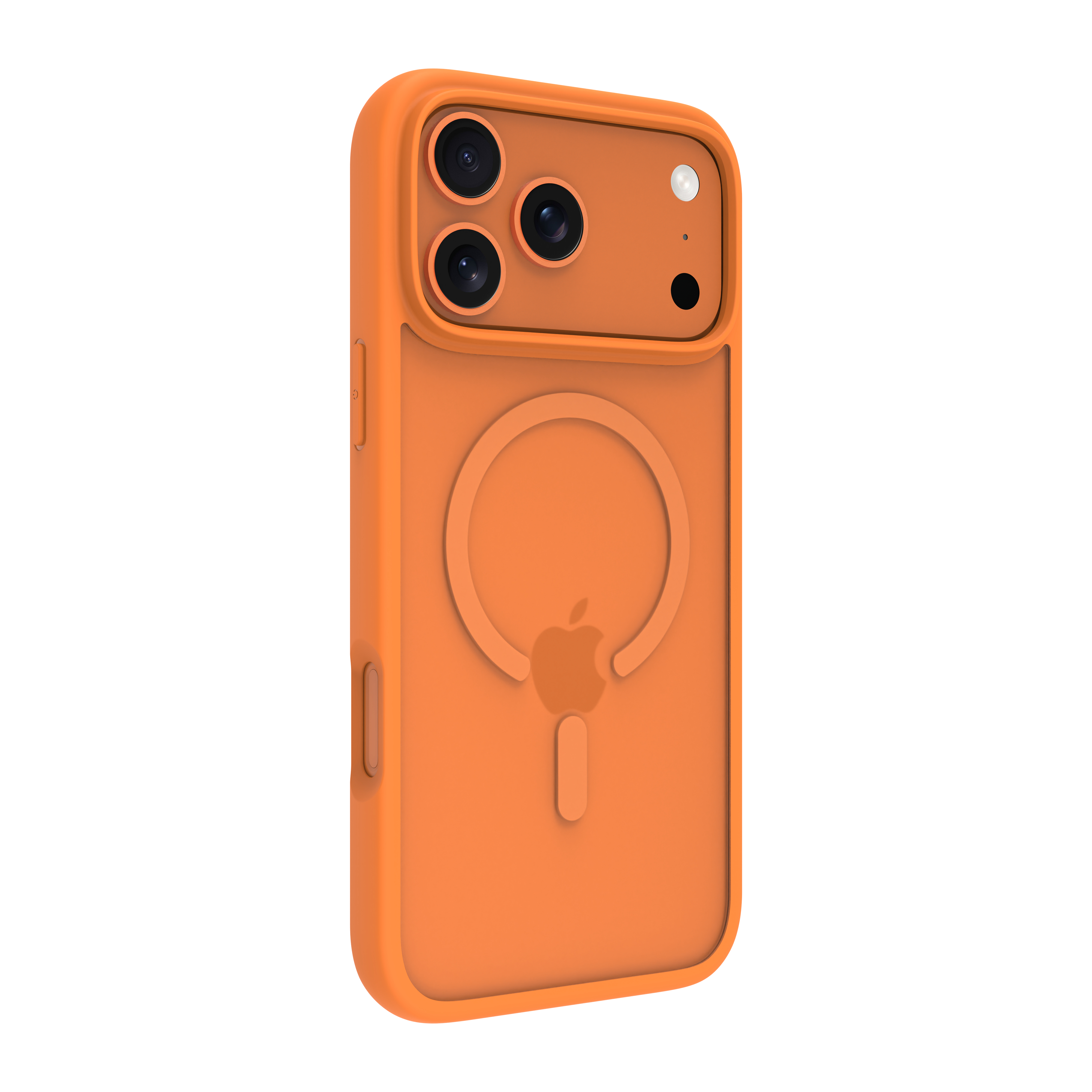 Custodia arancione per telefono con logo Apple. Ha un modulo fotocamera con tre lenti e un flash.