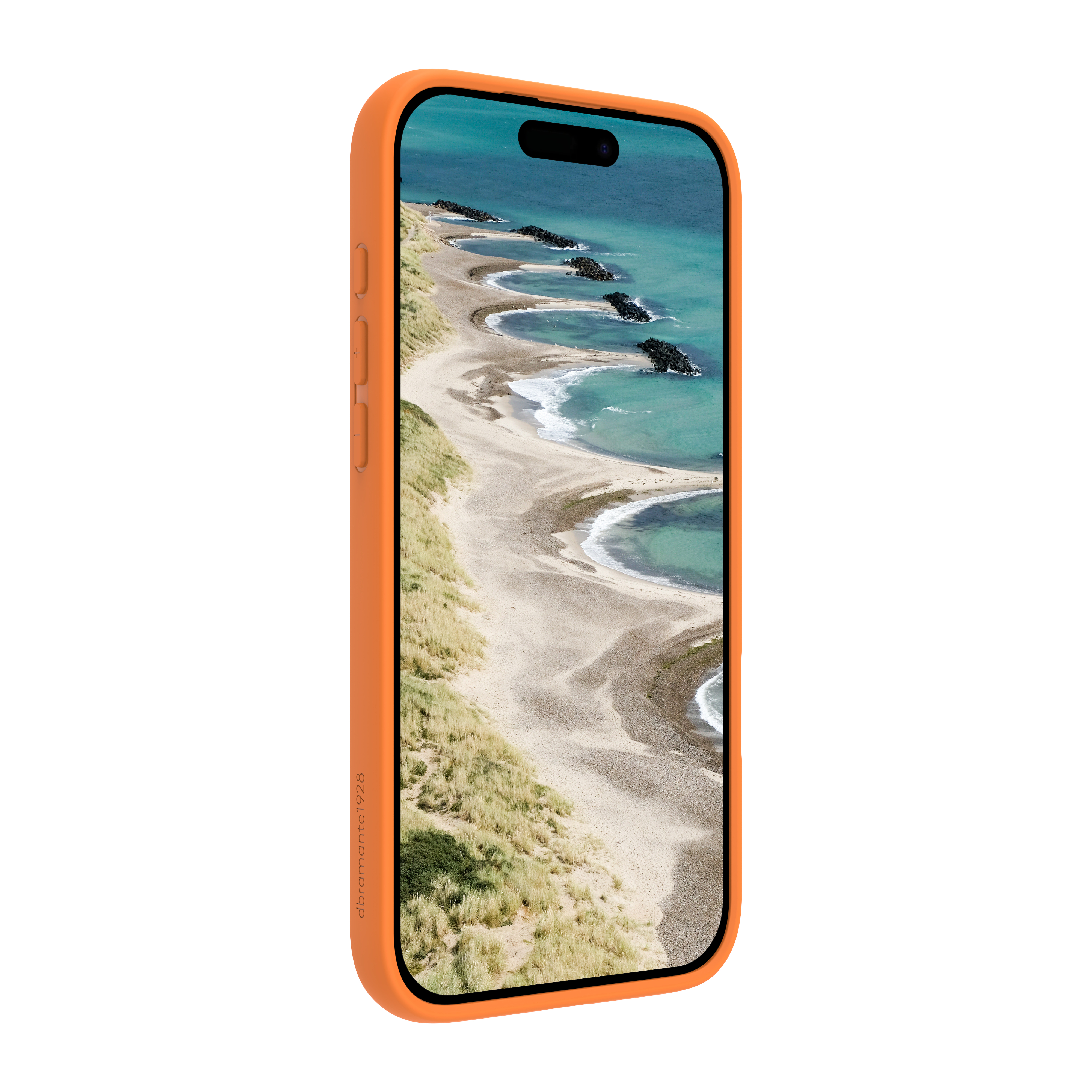 Una custodia arancione mostra una scena di spiaggia con sabbia, acqua e rocce. Il telefono è angolato.