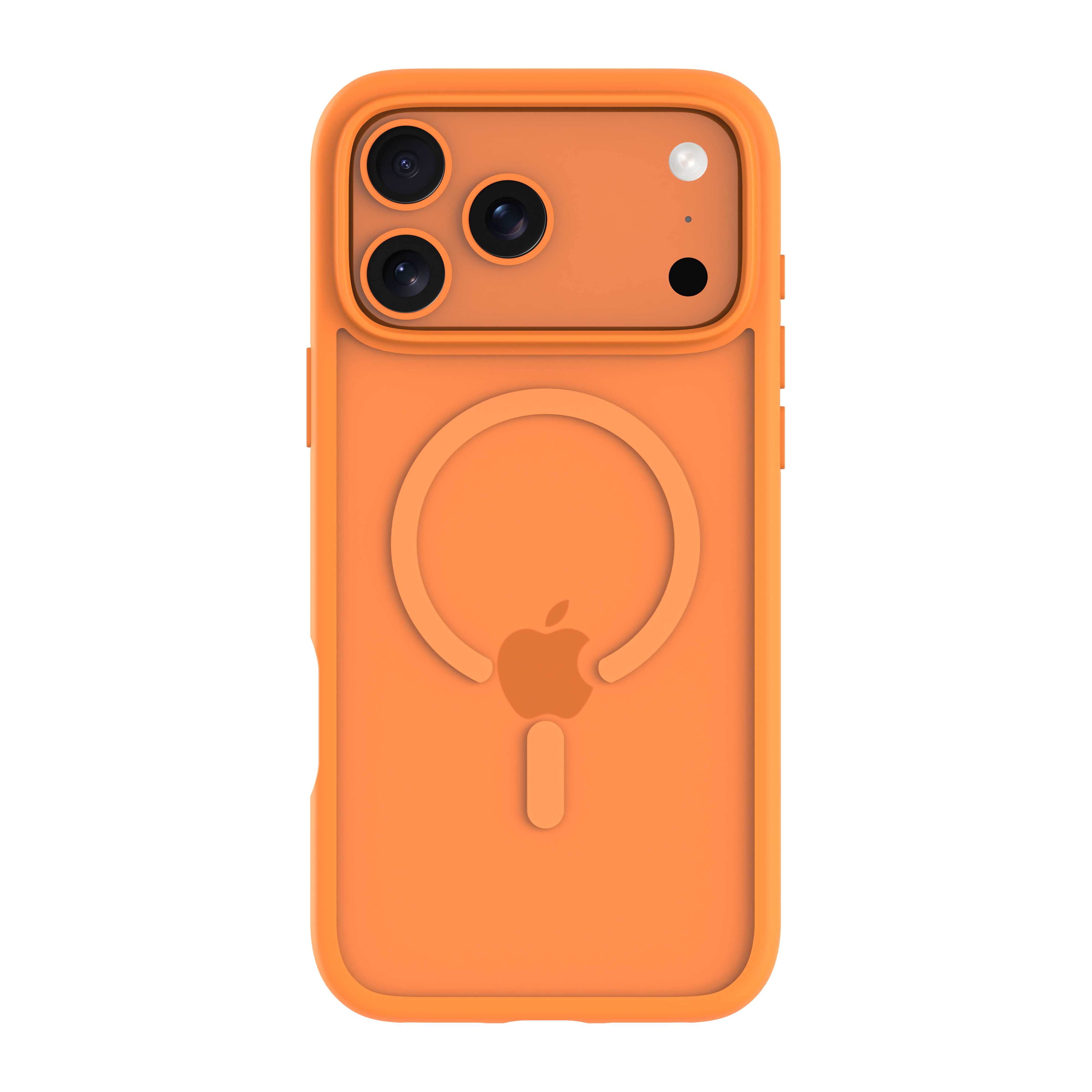 Una custodia arancione per iPhone con tre obiettivi e il logo Apple sul retro. Sfondo bianco.