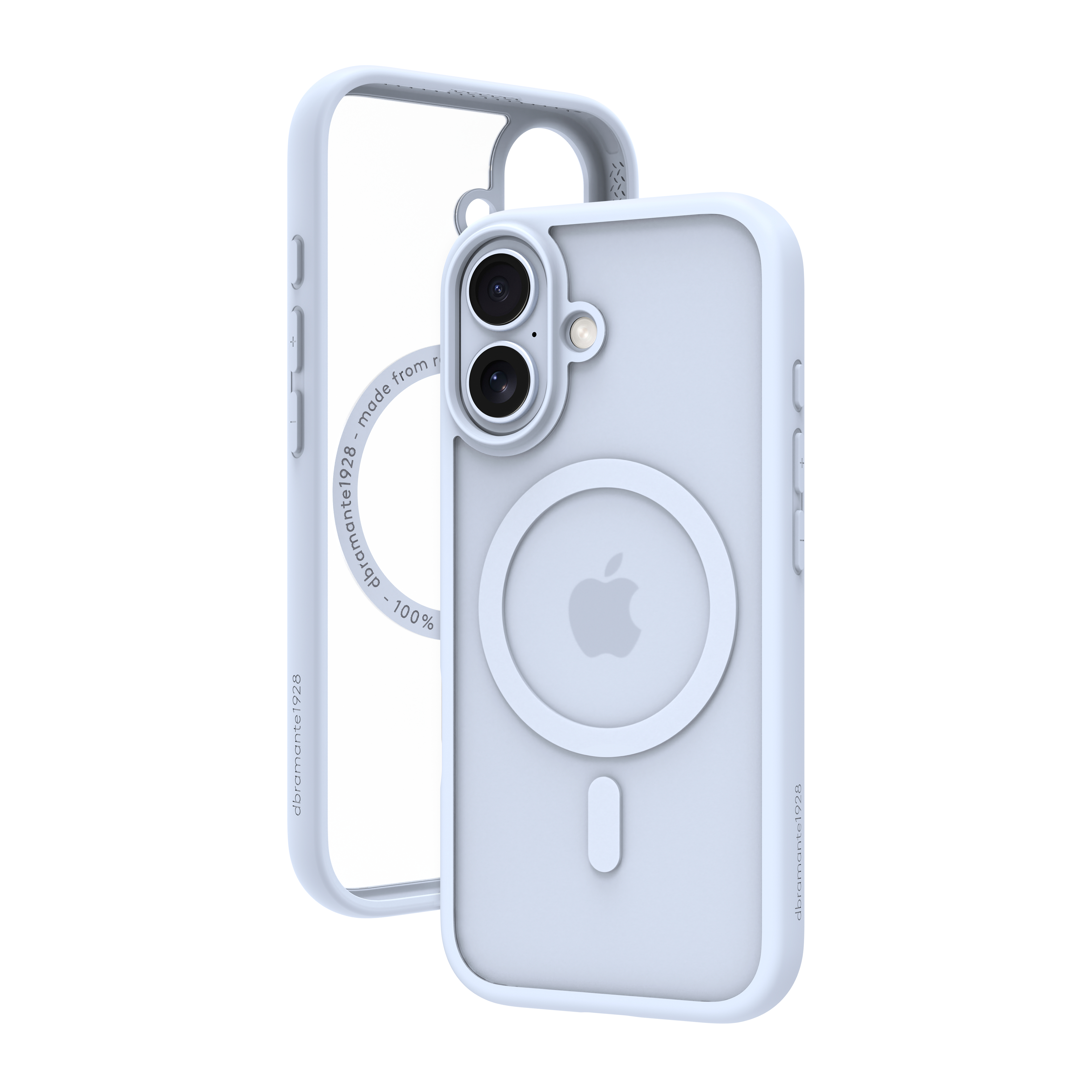 Une coque de téléphone bleu clair avec un logo Apple, un cadre extérieur transparent et un fond blanc.