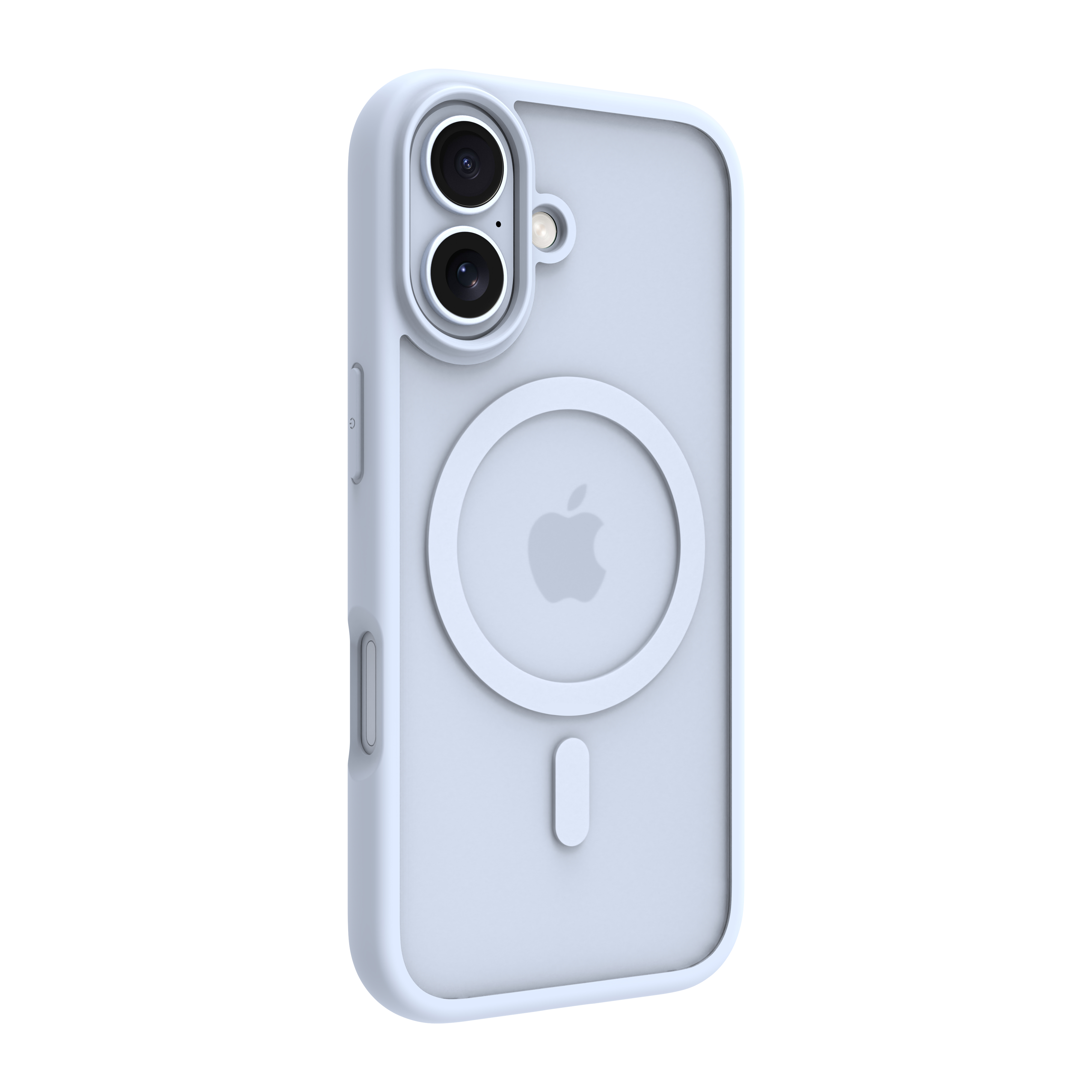 Un étui de téléphone bleu clair avec le logo Apple. Il possède deux objectifs d'appareil photo et un fond blanc.