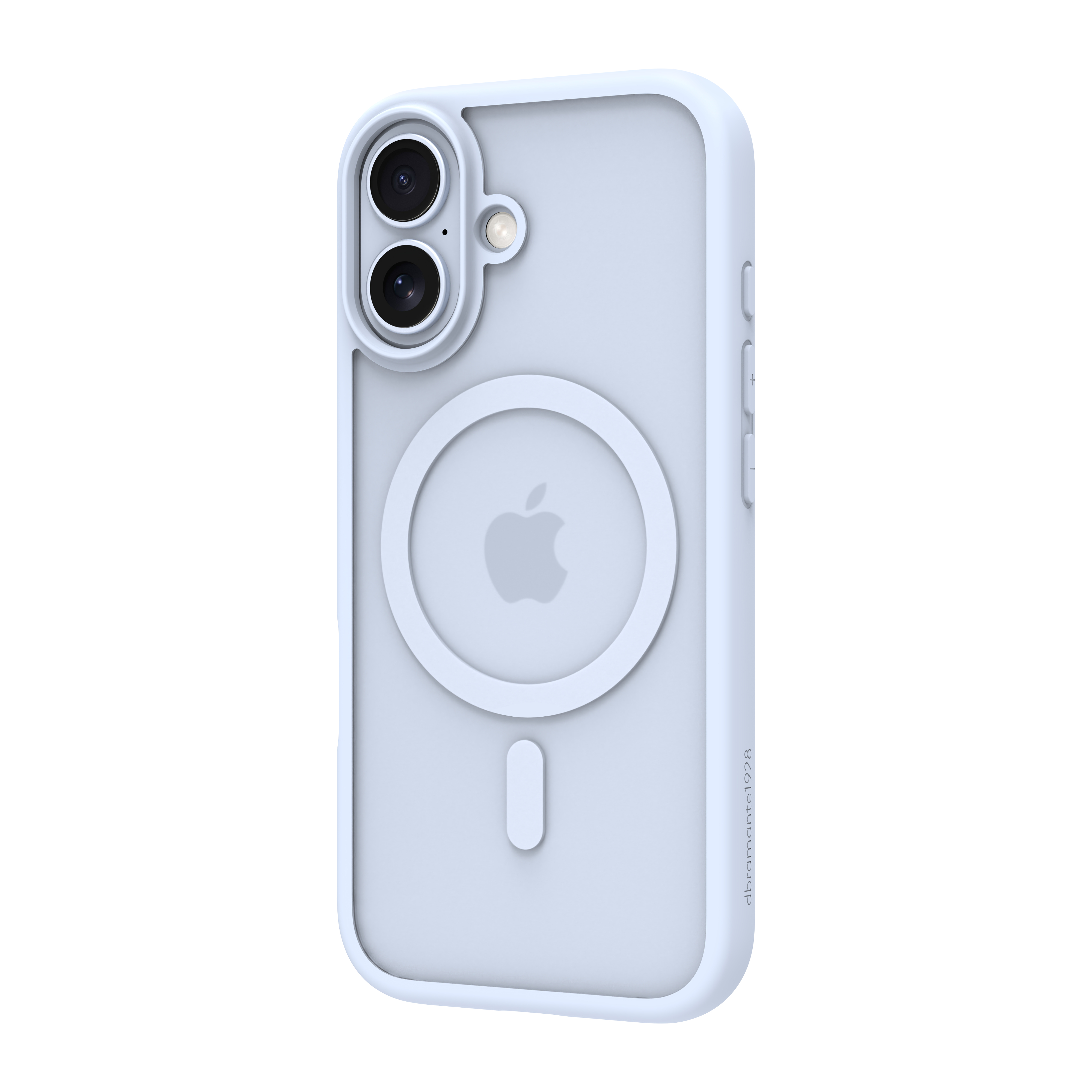 Coque de téléphone bleu clair. Elle a une découpe pour l'appareil photo, le logo Apple et un anneau magnétique. La marque est visible.