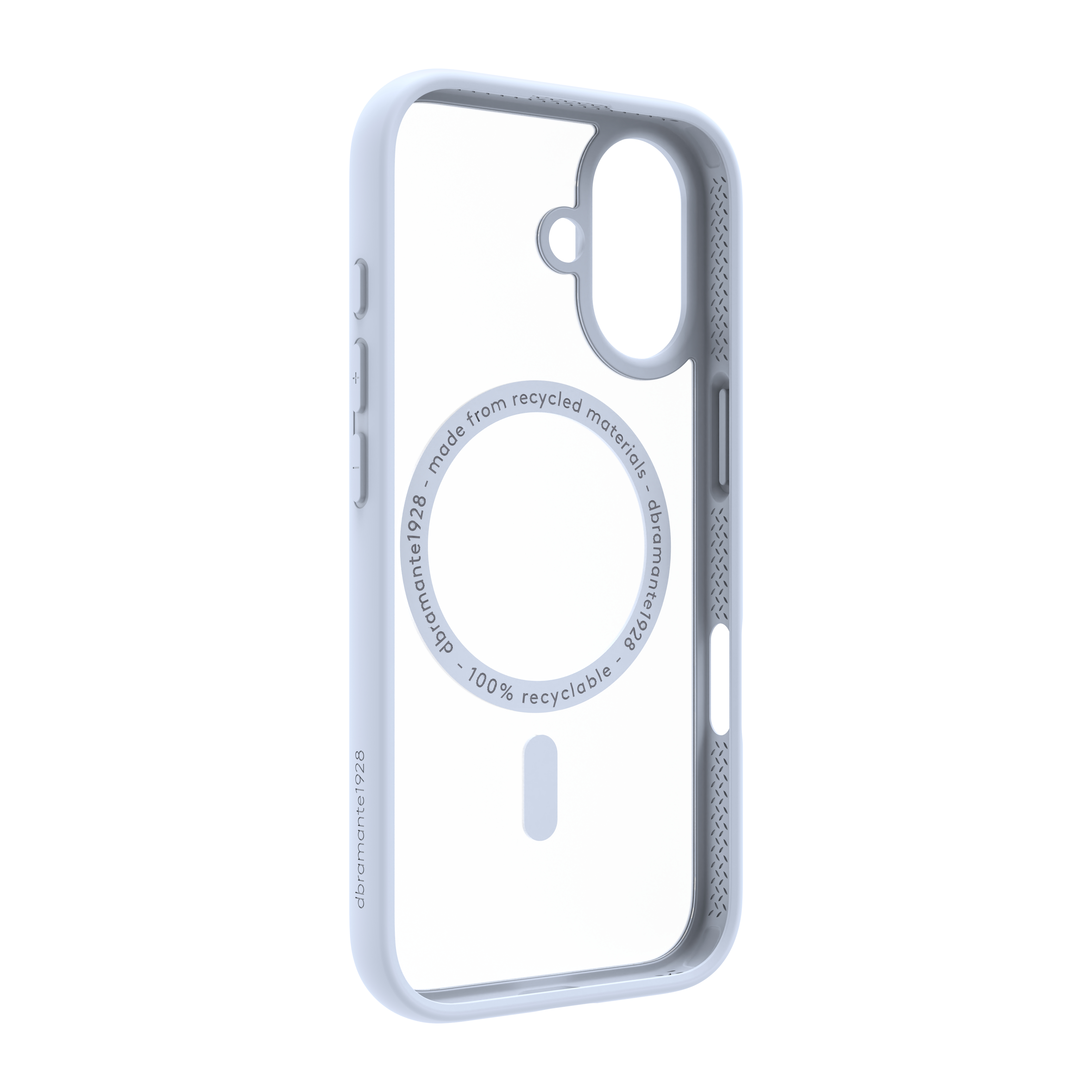 Une coque transparente pour iPhone en bleu clair. Elle indique 'made from recycled materials' et '100% recyclable'.