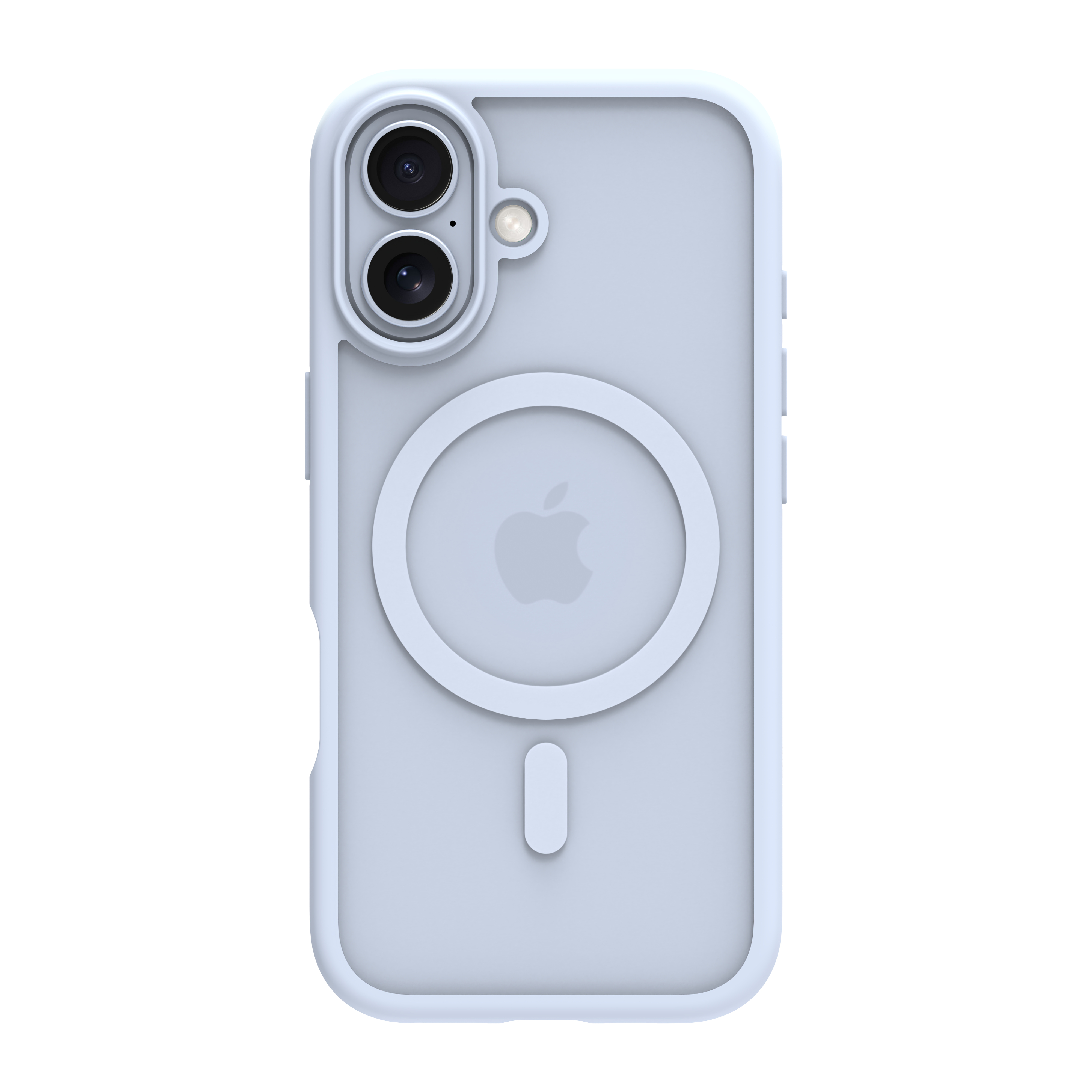 Une coque de téléphone bleu clair avec le logo Apple et des découpes pour l'appareil photo. La coque est sur fond blanc.