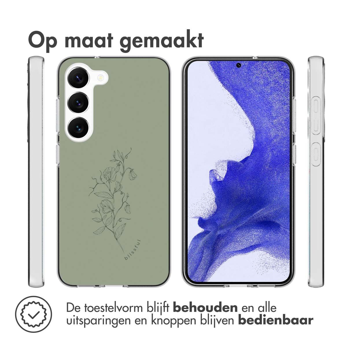 Custodie per telefoni con design floreale. Le custodie sono mostrate con un telefono all'interno. Testo in alto e in basso.