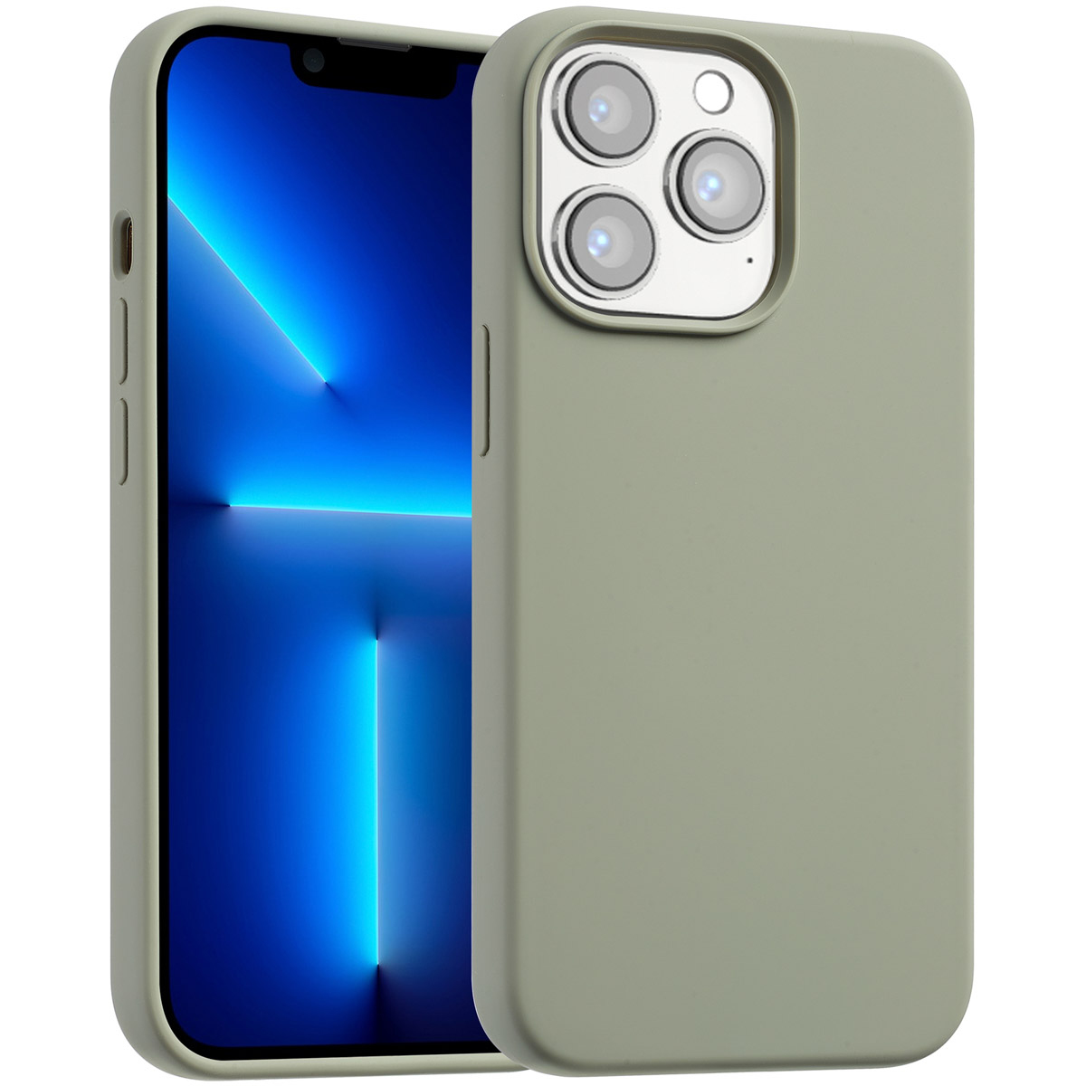 Un iPhone avec un étui vert clair est affiché, l'écran affichant des lignes bleues et blanches vives.