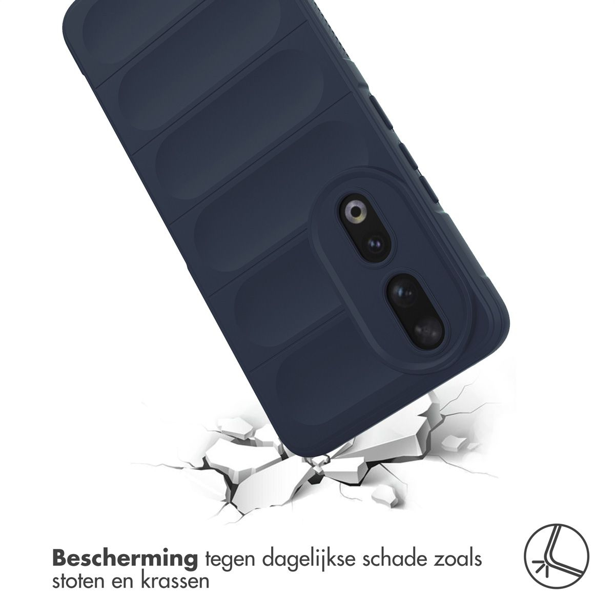Une coque de téléphone bleu marine est inclinée, semblant briser une surface blanche. Le texte en bas indique 'Protection contre les dommages quotidiens'.