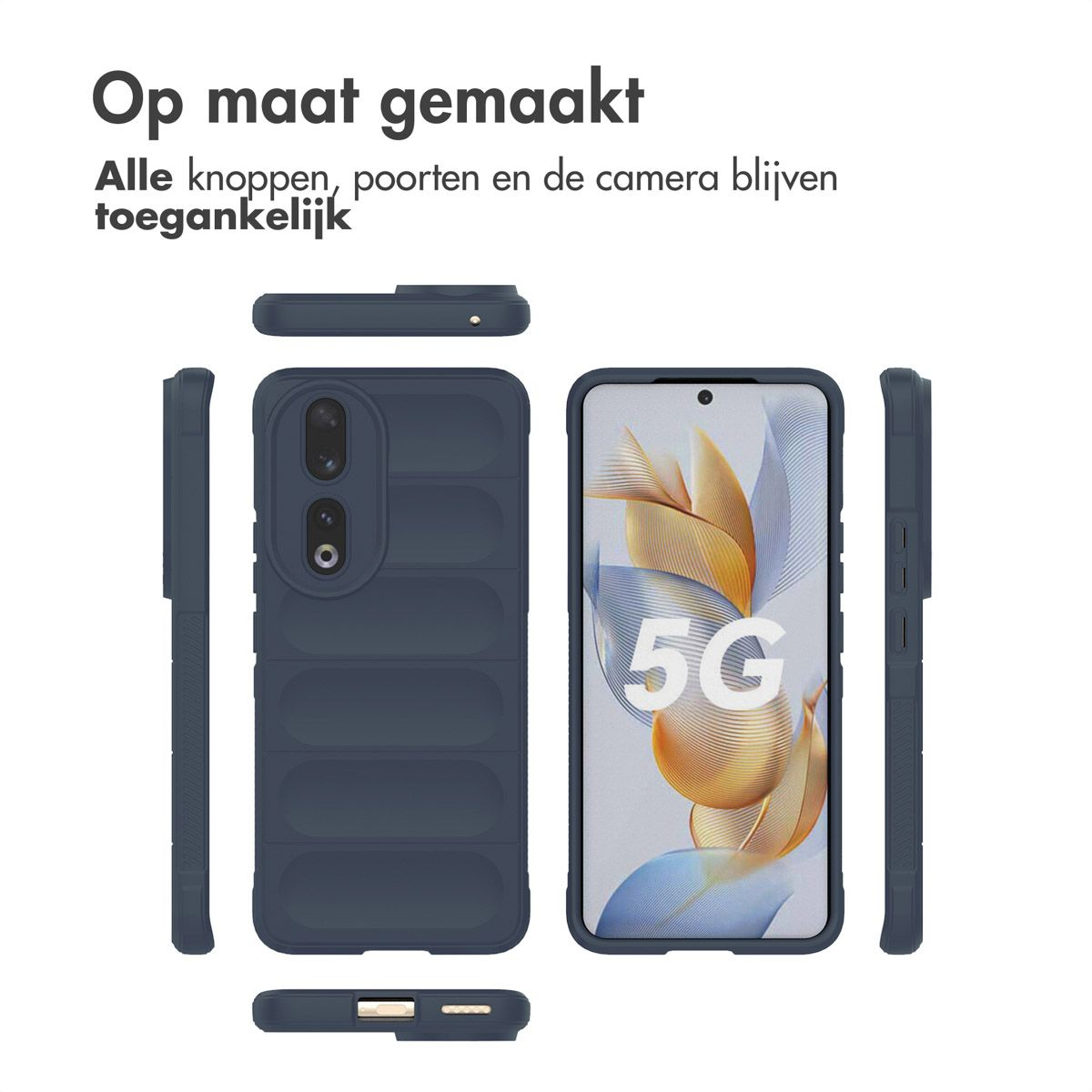 Un étui de téléphone bleu marine est affiché, avec plusieurs vues : avant, côté et dessus. Un téléphone avec le logo 5G est à droite.