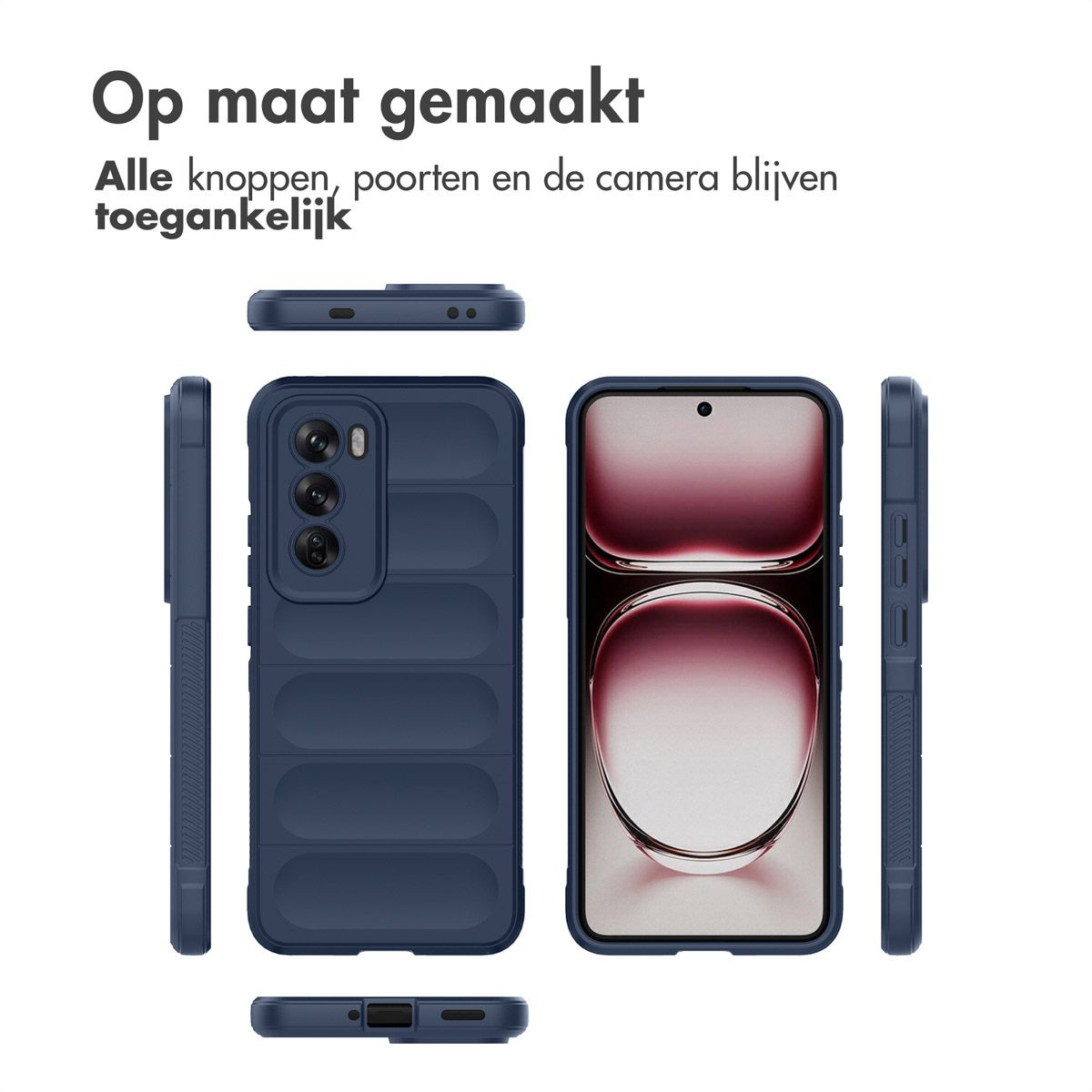 Un étui de téléphone bleu marine est présenté sous plusieurs angles. L'étui est montré avec un téléphone à l'intérieur, ainsi qu'un gros plan du haut et du côté.