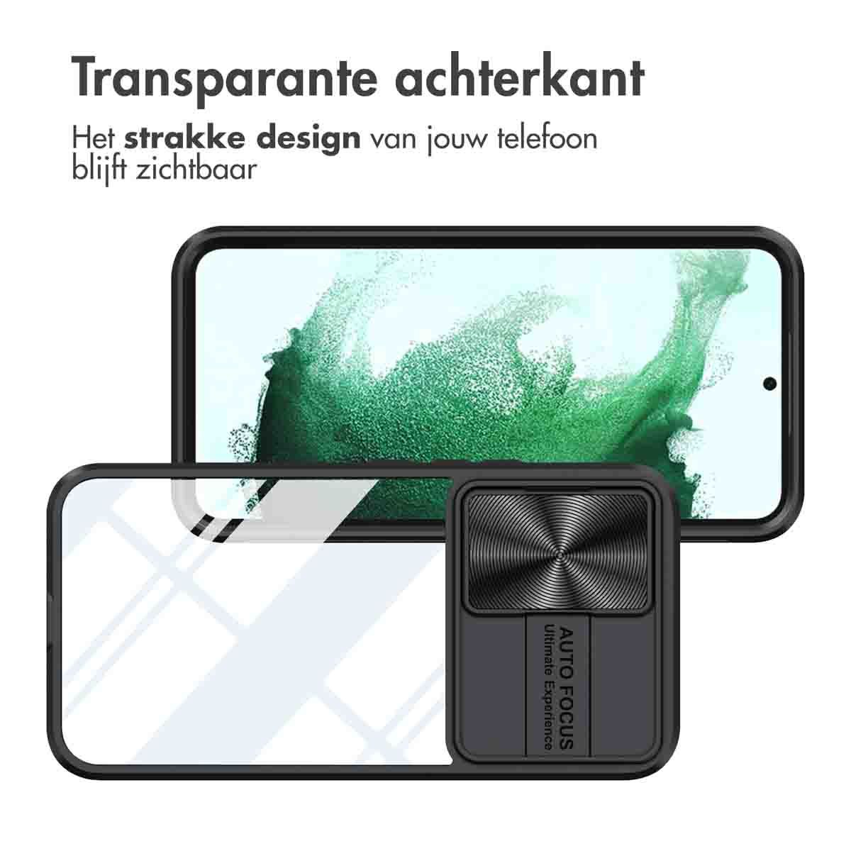 Une coque de téléphone avec dos transparent, montrant un téléphone avec un fond abstrait vert. La coque a un module caméra noir.