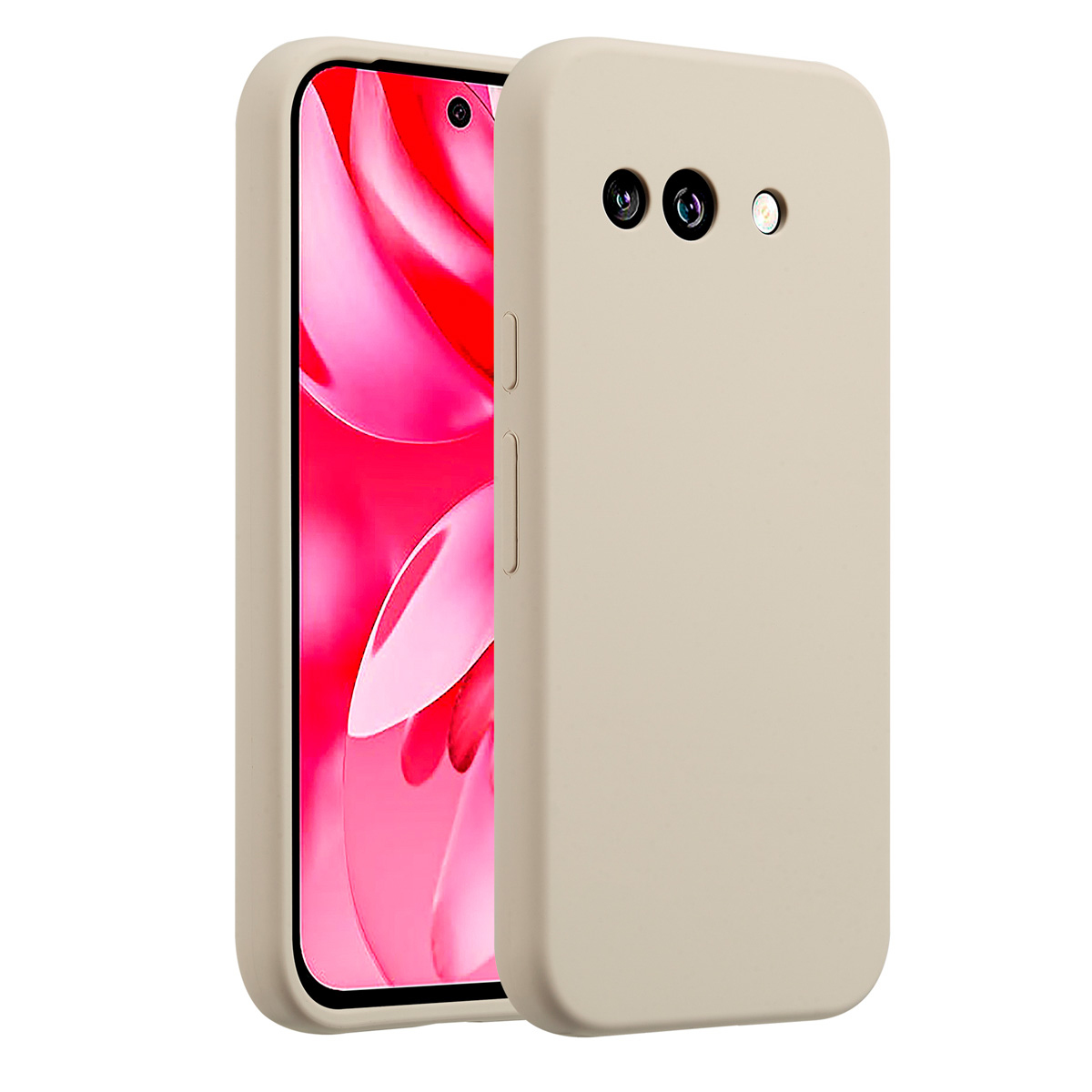 Een beige smartphone in een hoesje, iets geopend, met een roze abstracte achtergrond op het scherm. De achterkant heeft drie camera's.