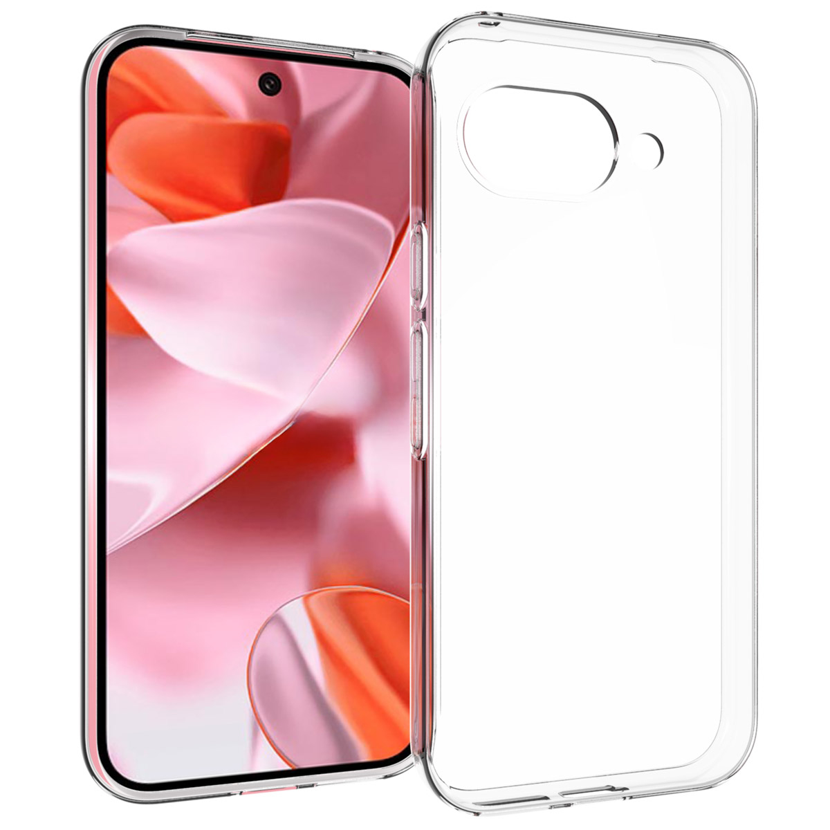 Uno smartphone con una custodia trasparente. Lo schermo mostra arte astratta rosa e arancione. La custodia è trasparente.