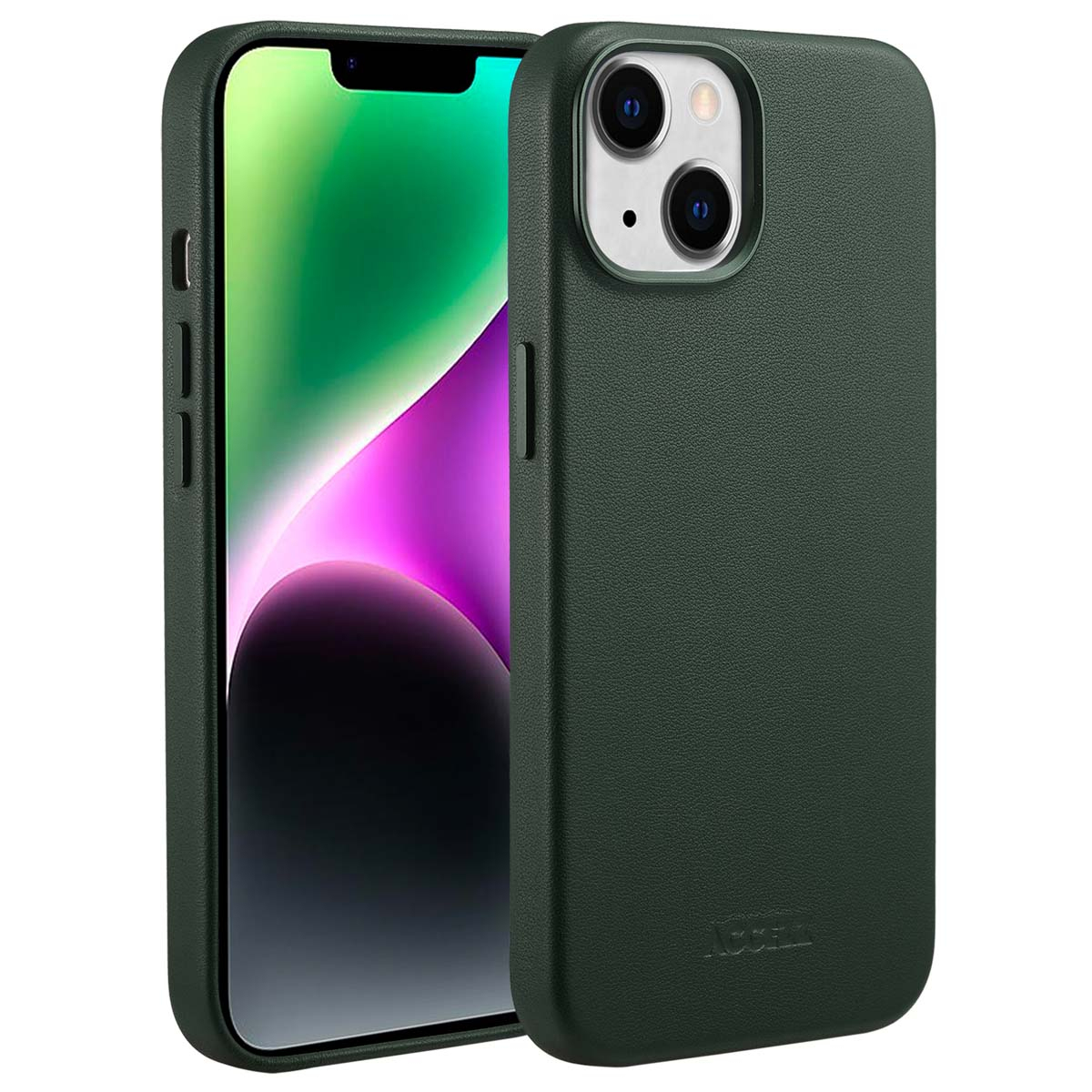 Een iPhone in een groene hoes wordt getoond, het scherm toont een kleurverloop. De hoes heeft een textuuroppervlak en een logo.