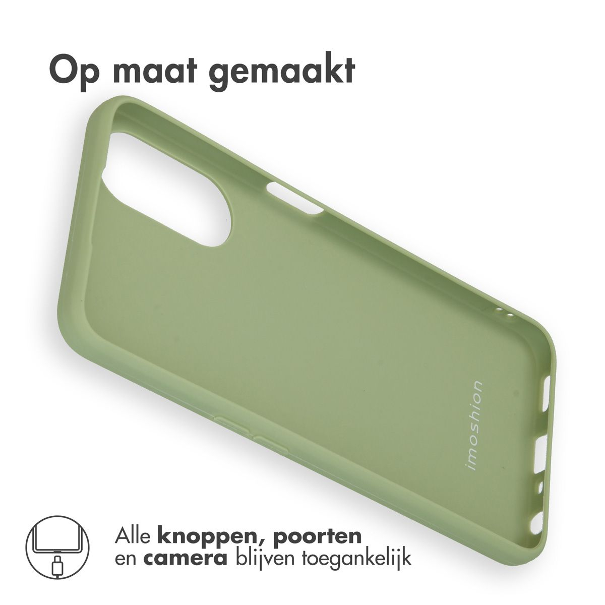 Groene telefoonhoes op witte achtergrond. Nederlandse tekst: 'Op maat gemaakt'. De hoes is van imoshion. Tekst: Alle knoppen, poorten en camera blijven toegankelijk.
