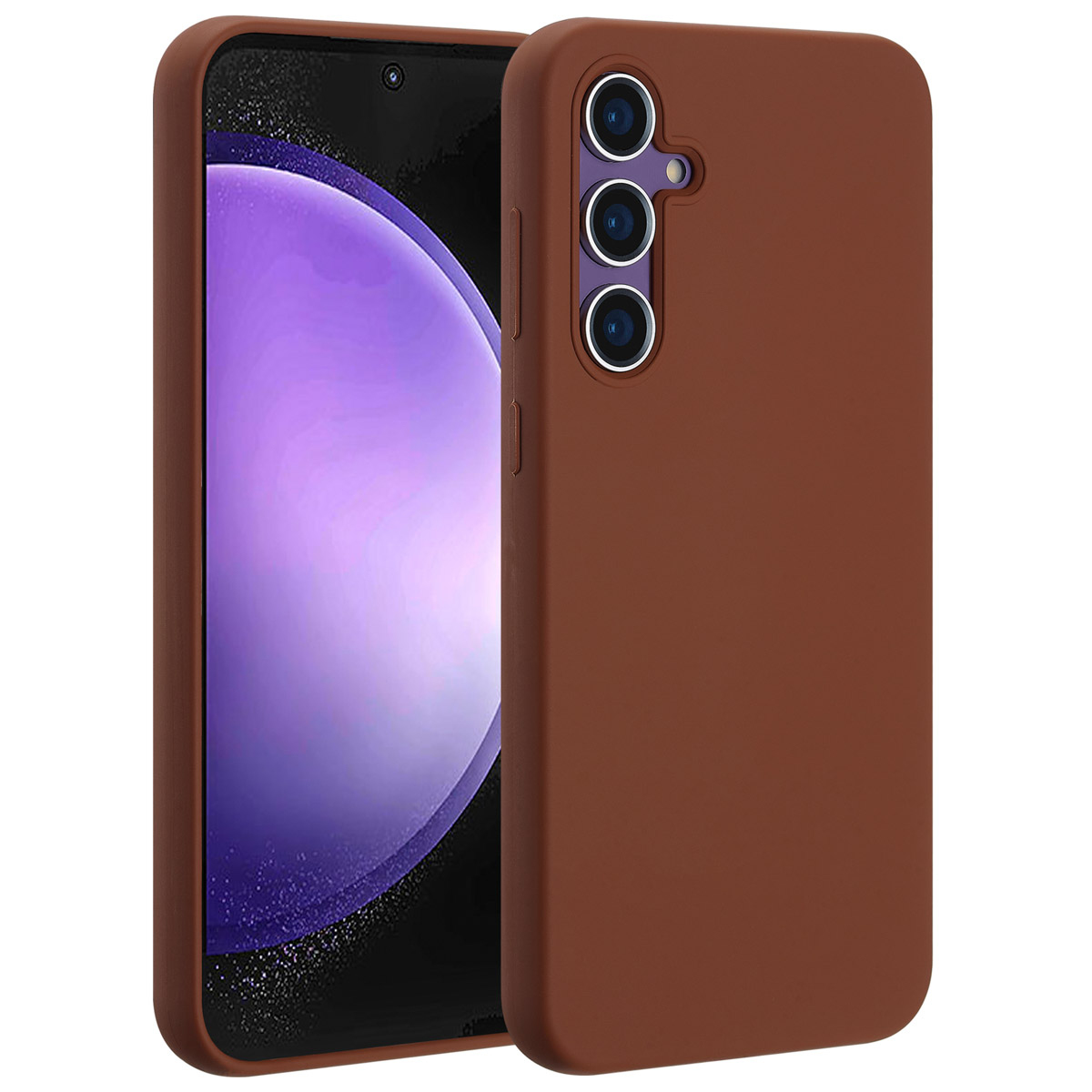 Een bruine telefoonhoes beschermt een smartphone. Het scherm toont een paarse gradiënt.