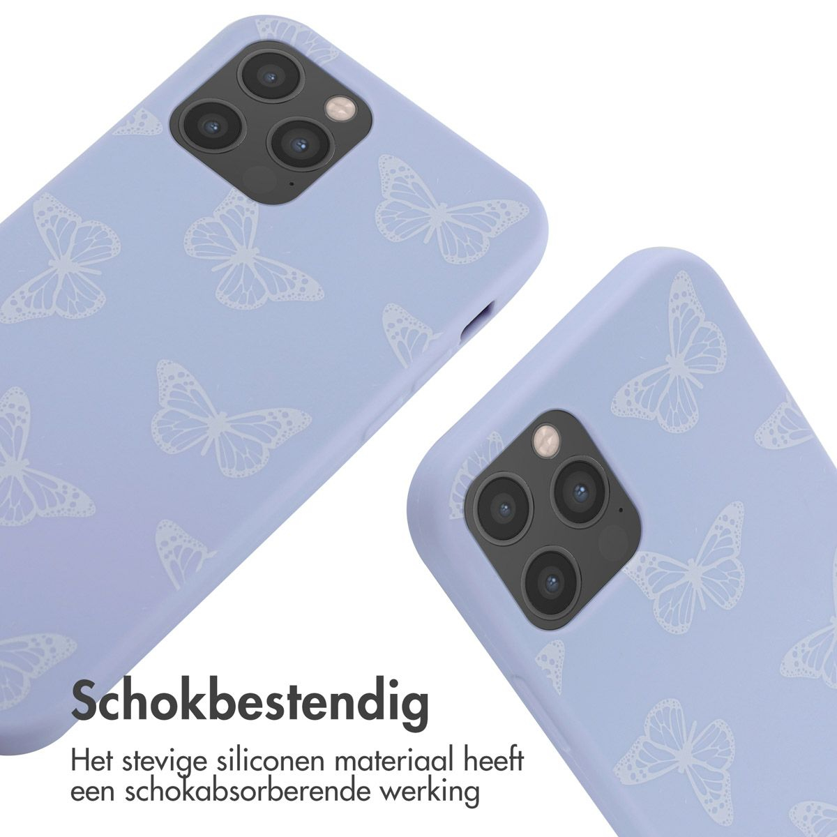 Zwei lavendelfarbene Handyhüllen mit weißen Schmetterlingsmustern. Hüllen haben Kameraausschnitte. Text lautet 'Schokbestendig' und beschreibt das Material.