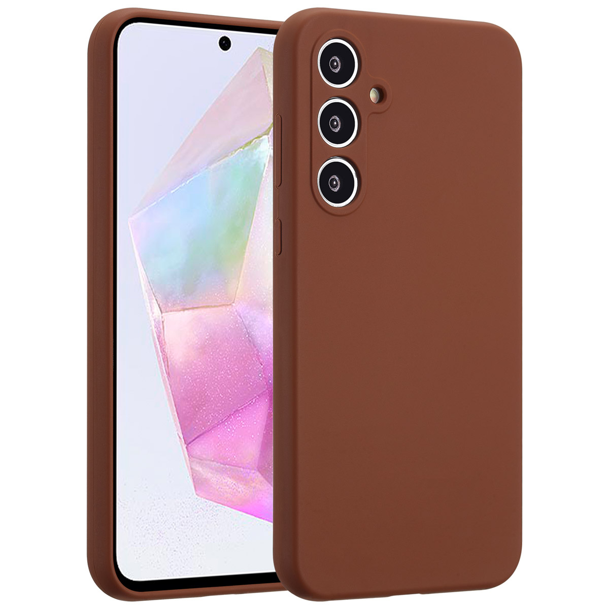 Eine braune Handyhülle mit einem Handy darin. Das Telefon hat einen bunten Bildschirm. Drei Kameralinsen sind sichtbar.