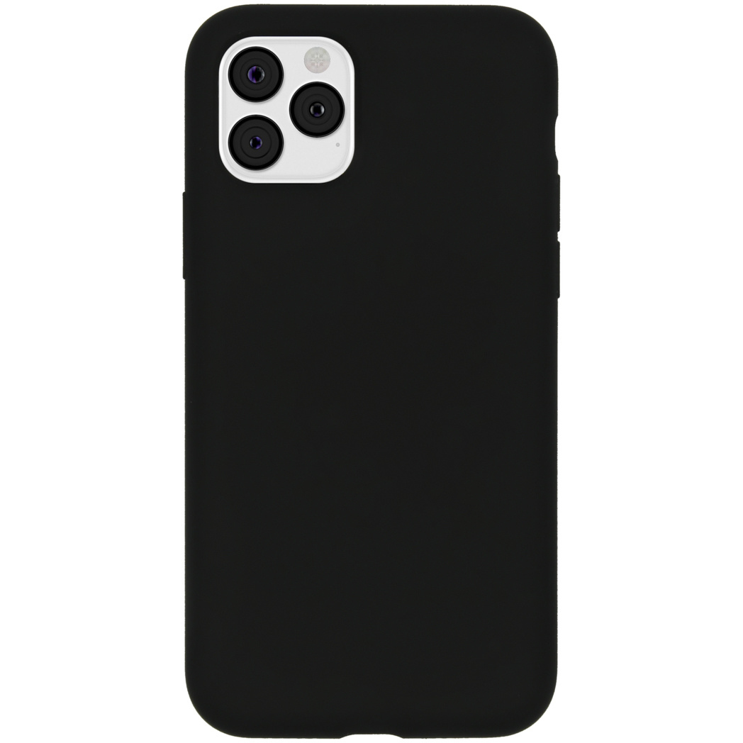 Une coque noire pour iPhone. Le téléphone a trois caméras. Le module caméra est blanc. La coque couvre tout le téléphone.