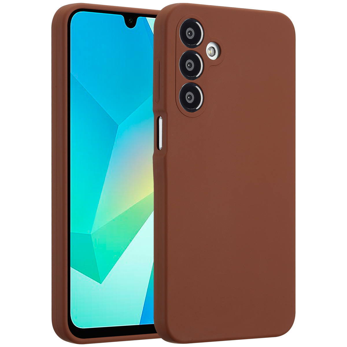 Eine braune Handyhülle und ein Handy mit blauem Bildschirm werden angezeigt. Die Hülle hat Kameraausschnitte. Der Bildschirm zeigt einen blauen Farbverlauf.