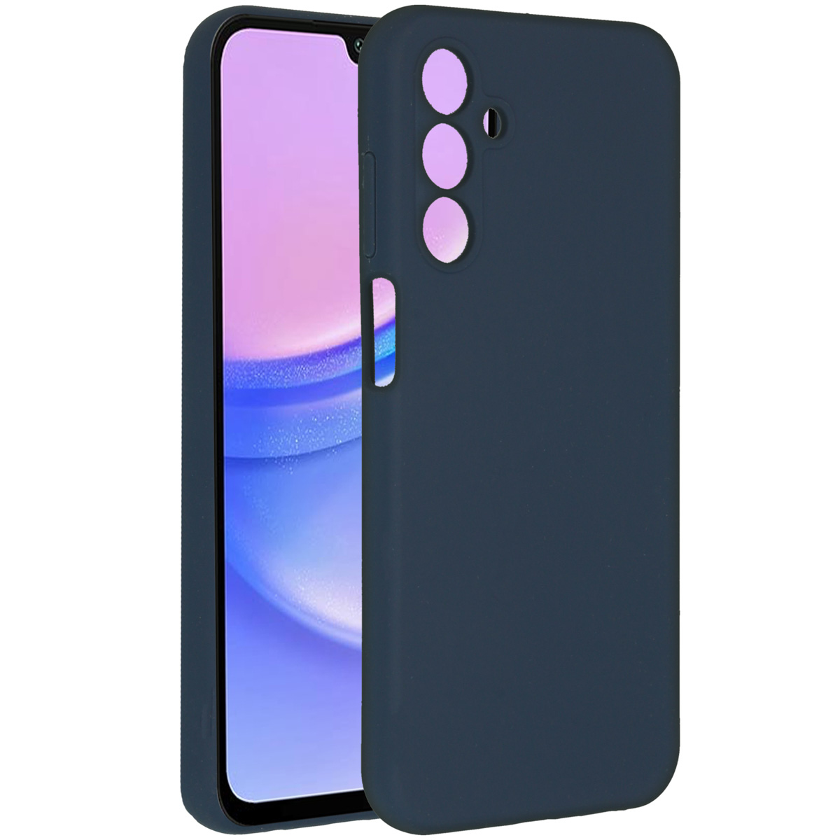 Een marineblauwe telefoonhoes ligt naast de telefoon. De telefoon heeft een roze scherm. De hoes heeft openingen voor knoppen en camera.