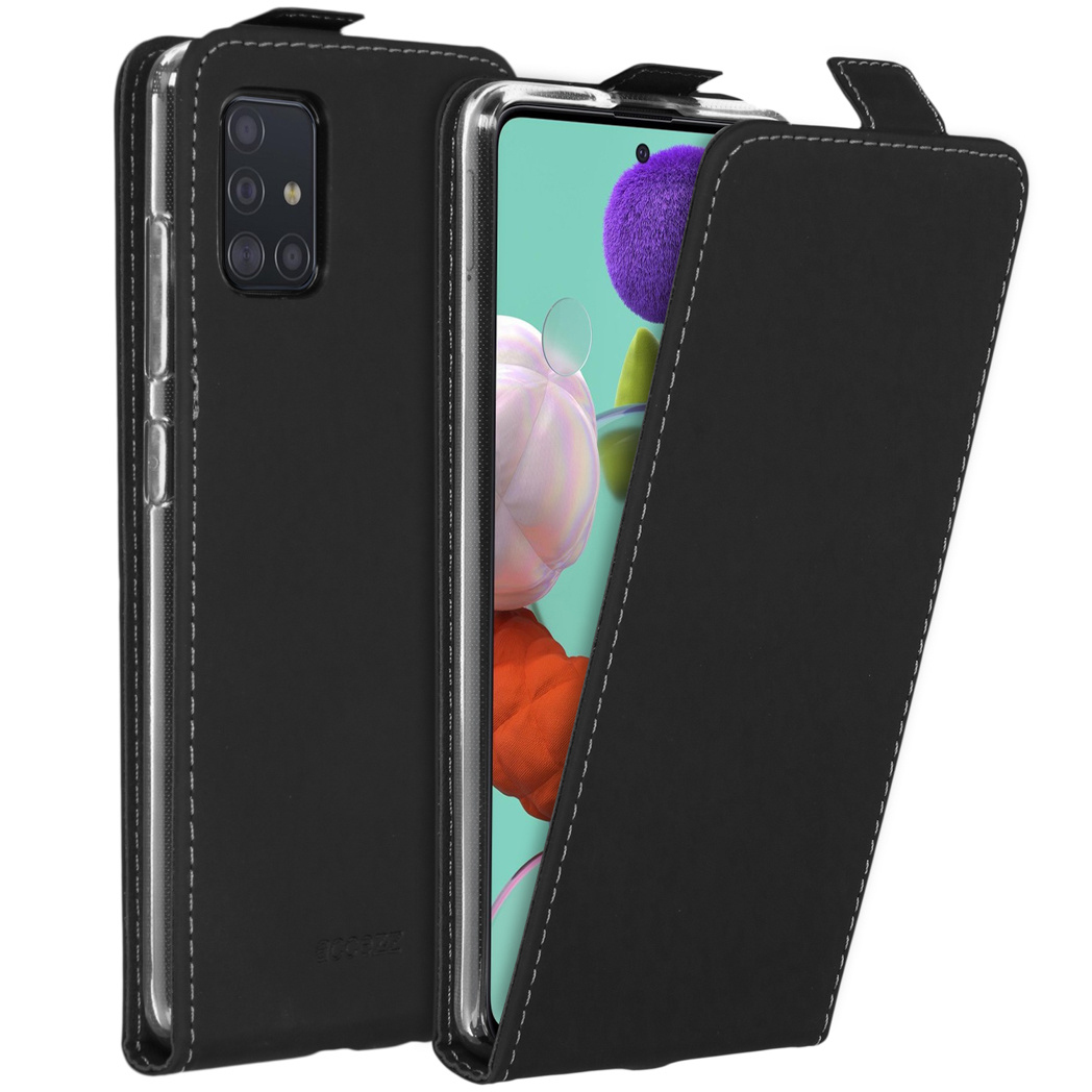 Un étui de téléphone noir avec un écran affichant une image floue de fleurs et une boule violette. L'étui est ouvert.