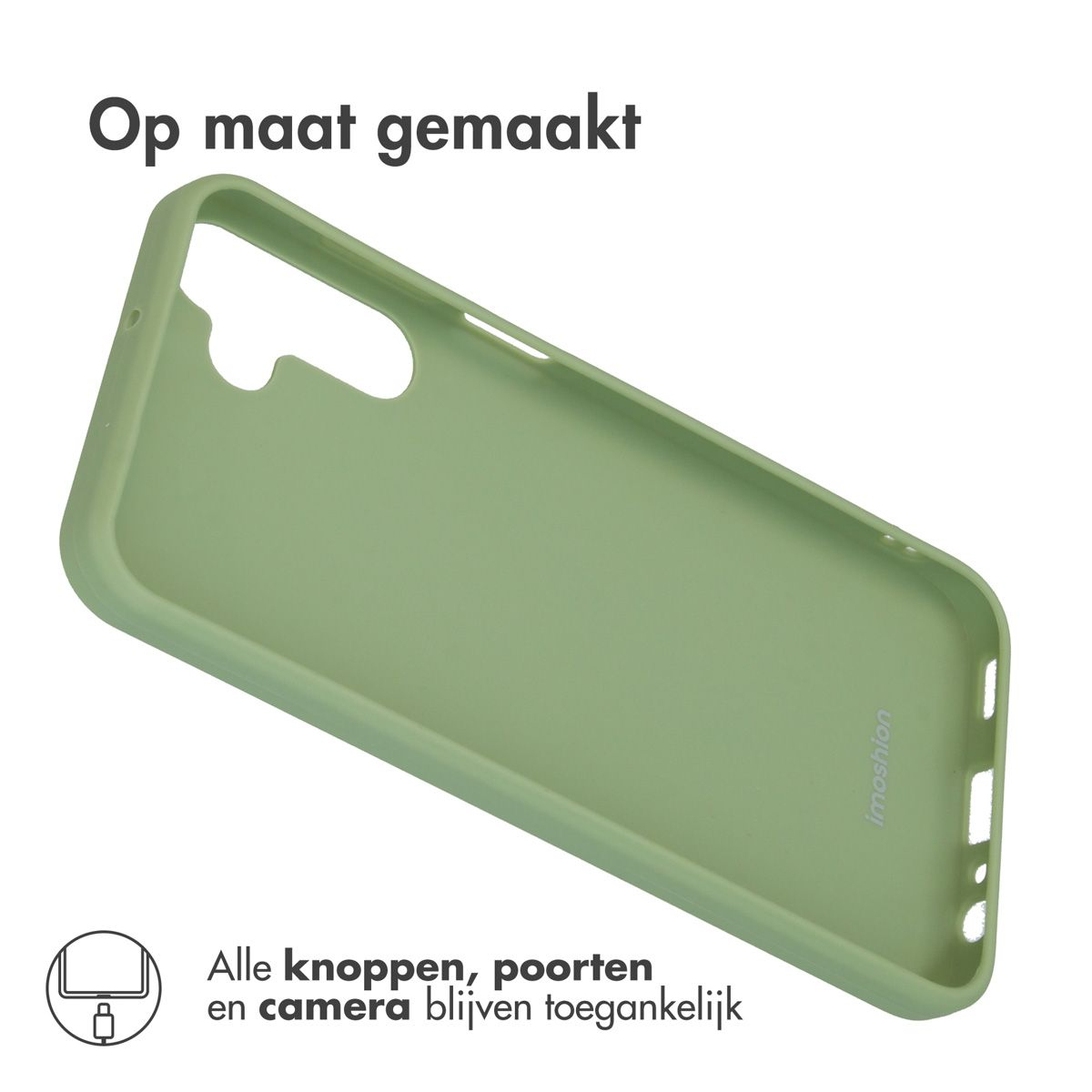 Coque de téléphone verte avec découpes pour boutons et ports. Texte néerlandais : 'Fabriqué sur mesure'. Texte en bas : Tous les boutons, ports et appareil photo restent accessibles.