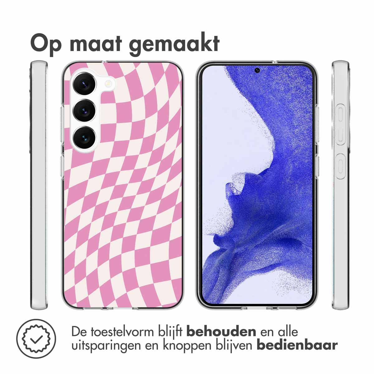 Image shows phone cases, one with a pink checkered pattern, and a phone with a blue screen. Text indicates the phone's shape is preserved.