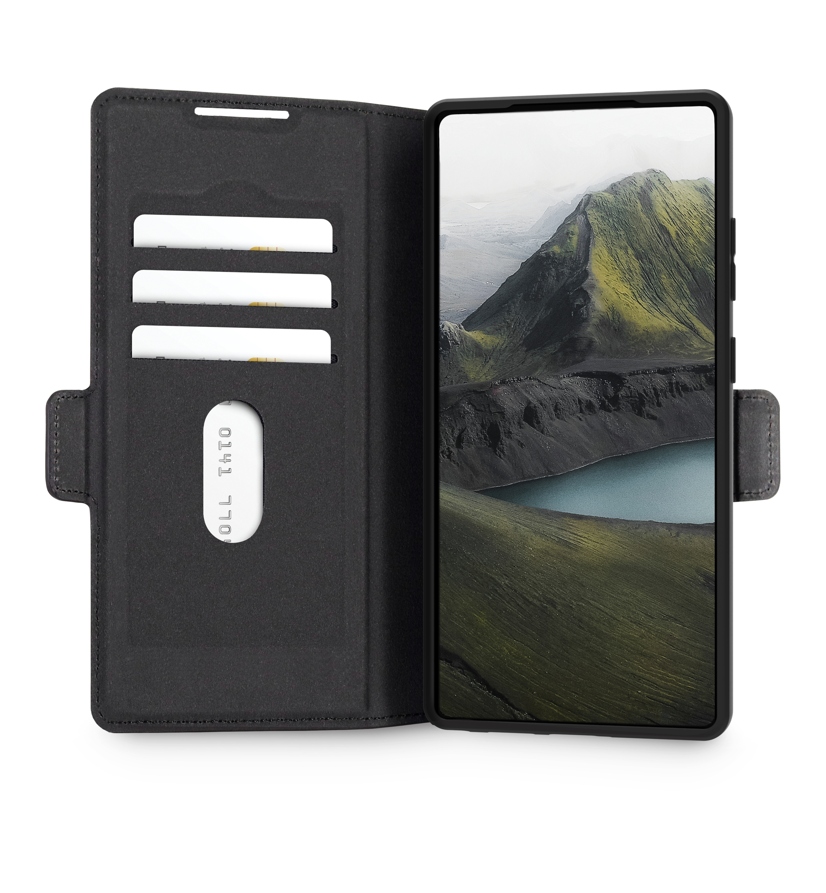 Schwarze Handyhülle offen, zeigt ein Smartphone mit Berglandschaft auf dem Bildschirm. Kartenfächer sichtbar.