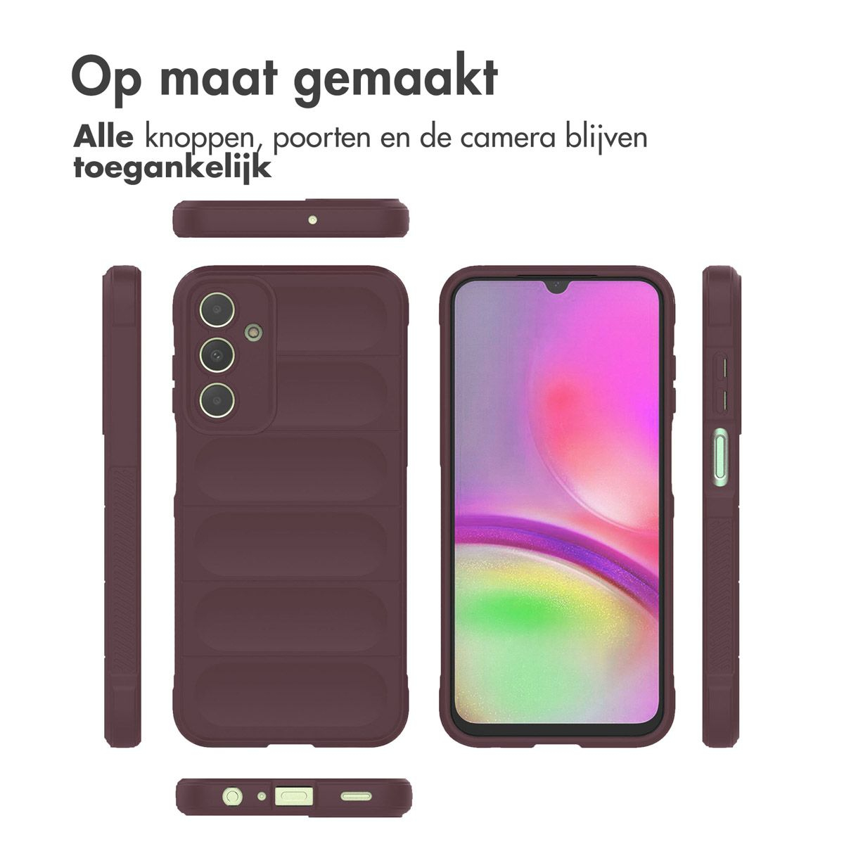 Une coque de téléphone est montrée, avec le téléphone visible à l'intérieur. L'étui est bordeaux. Le texte en haut dit 'Fait sur mesure'.