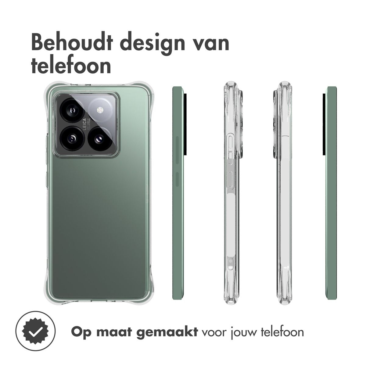 Een telefoon in een hoesje wordt getoond, met verschillende hoeken van de hoes. Tekst: Behoudt het telefoonontwerp. Op maat gemaakt voor je telefoon.