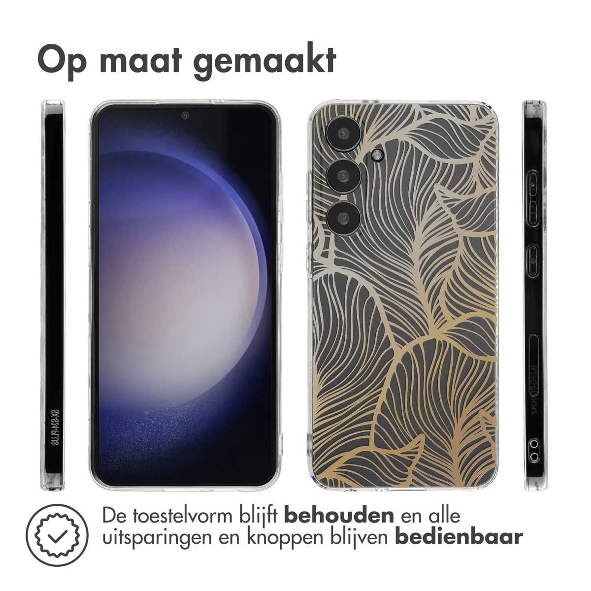 Coques de téléphone: Transparentes, avec motif de feuilles. Texte: 'Op maat gemaakt'. 'De toestelvorm blijft behouden en alle uitsparingen en knoppen blijven bedienbaar'.