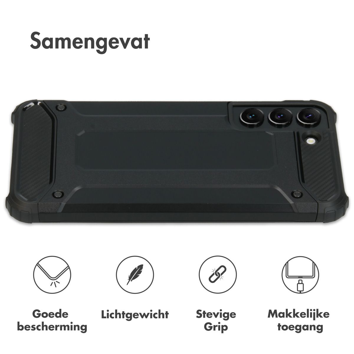 Een zwarte telefoonhoes met tekst 'Samengevat'. Kenmerken: goede bescherming, lichtgewicht, stevige grip en gemakkelijke toegang. Iconen zijn aanwezig.