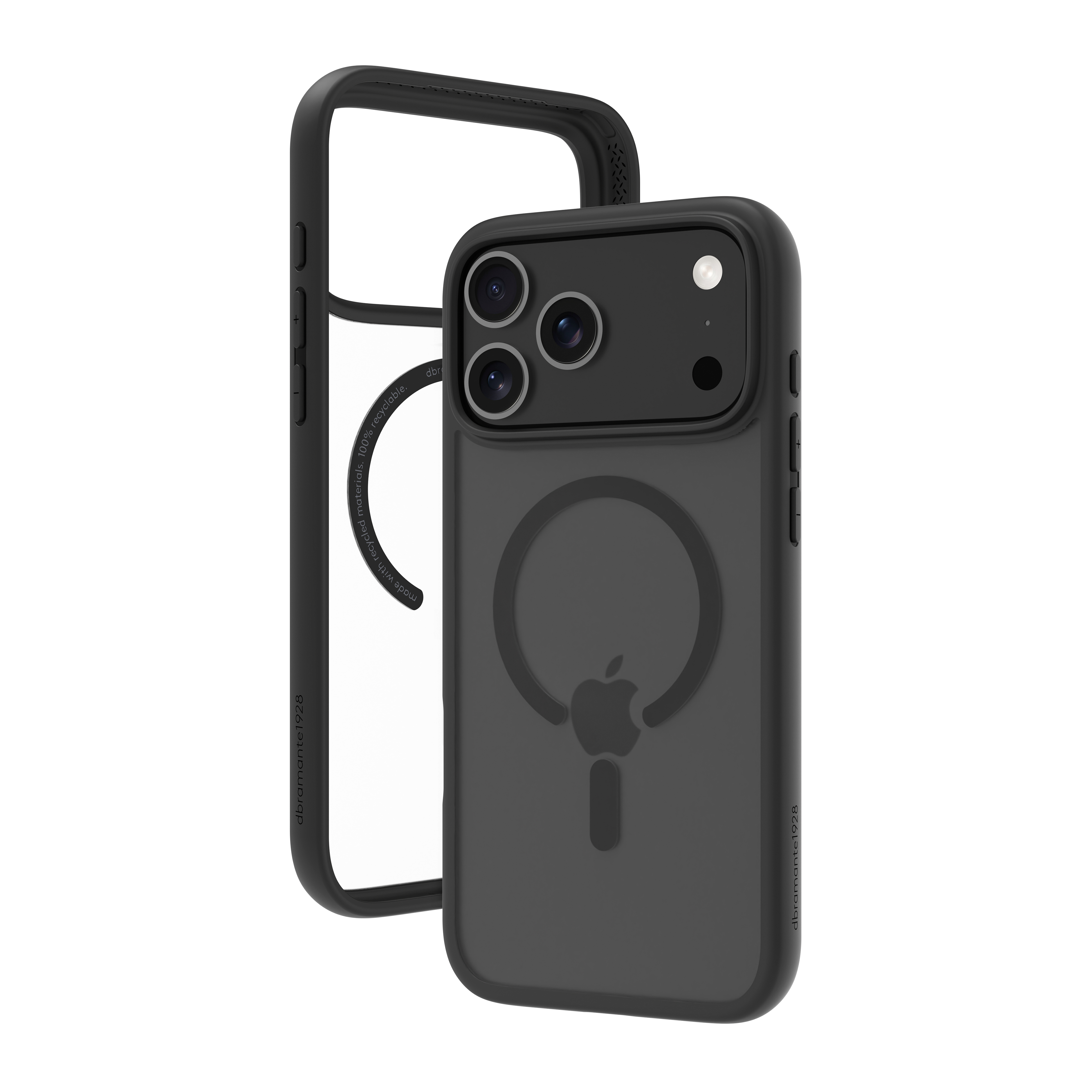 Viene mostrata una custodia nera per telefono con una cornice trasparente. Ha il logo Apple e tre obiettivi.