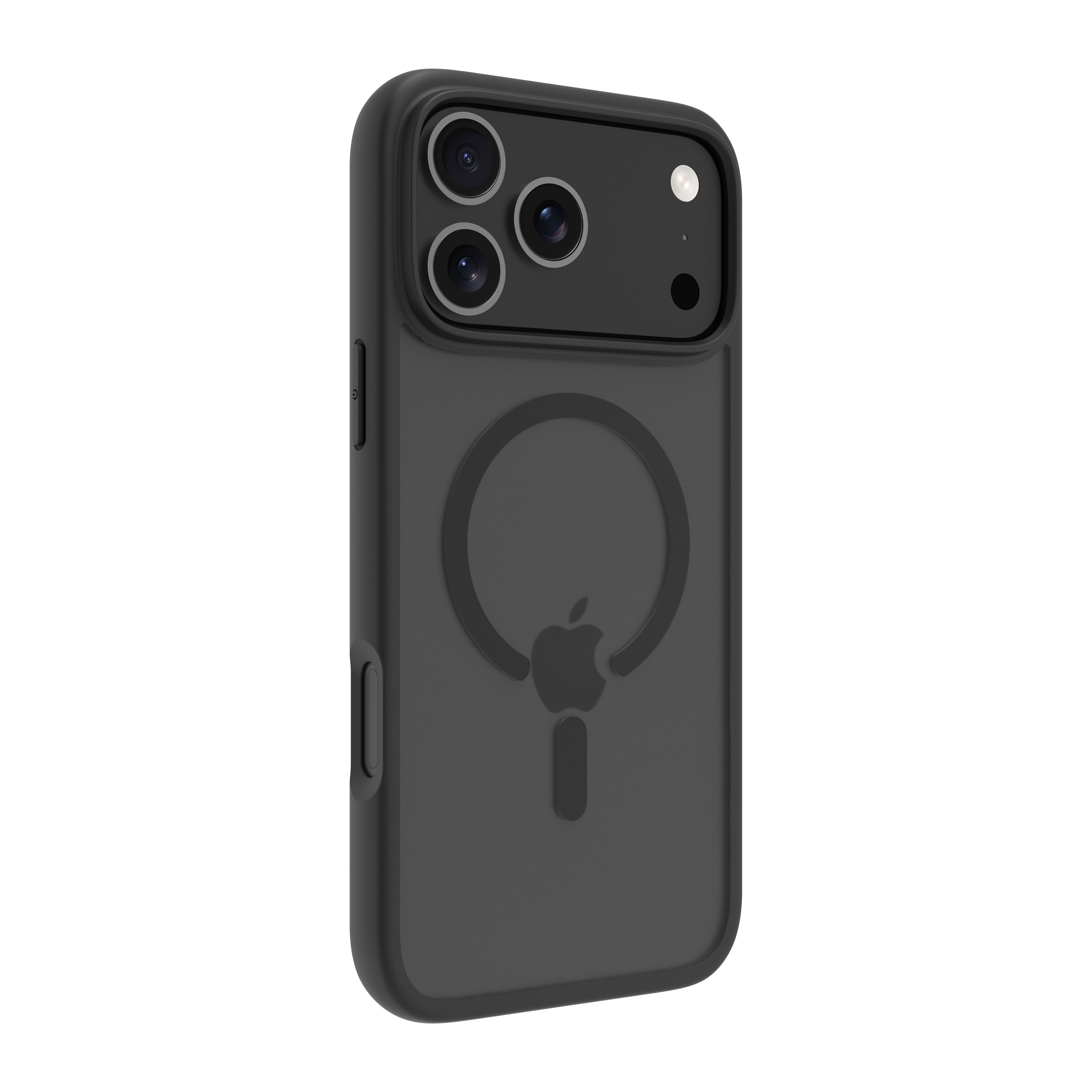 Custodia nera per telefono con logo Apple e tre obiettivi della fotocamera. La custodia ha un cerchio magnetico.