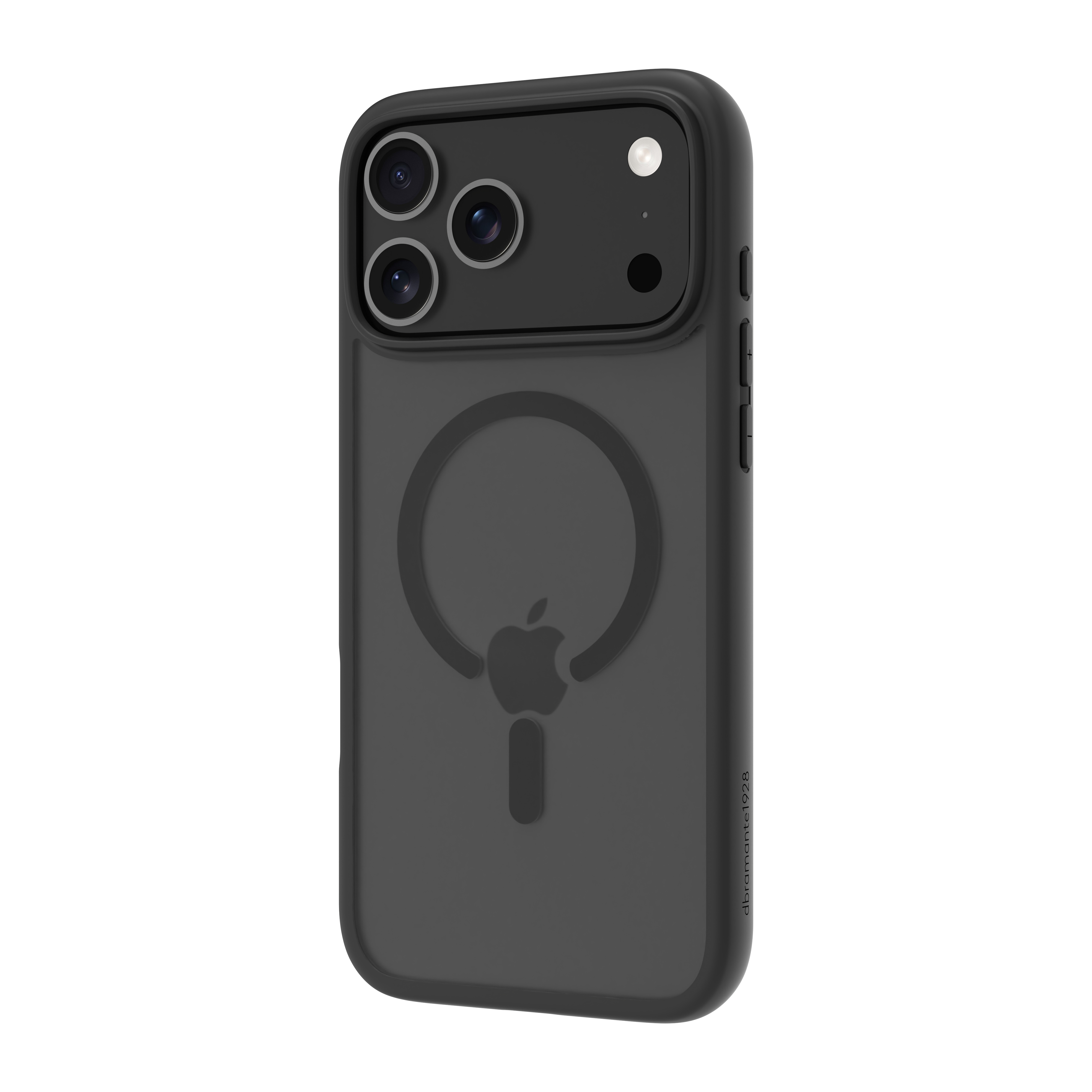 Custodia nera per iPhone con MagSafe, logo Apple. Tre obiettivi e flash, su sfondo bianco.