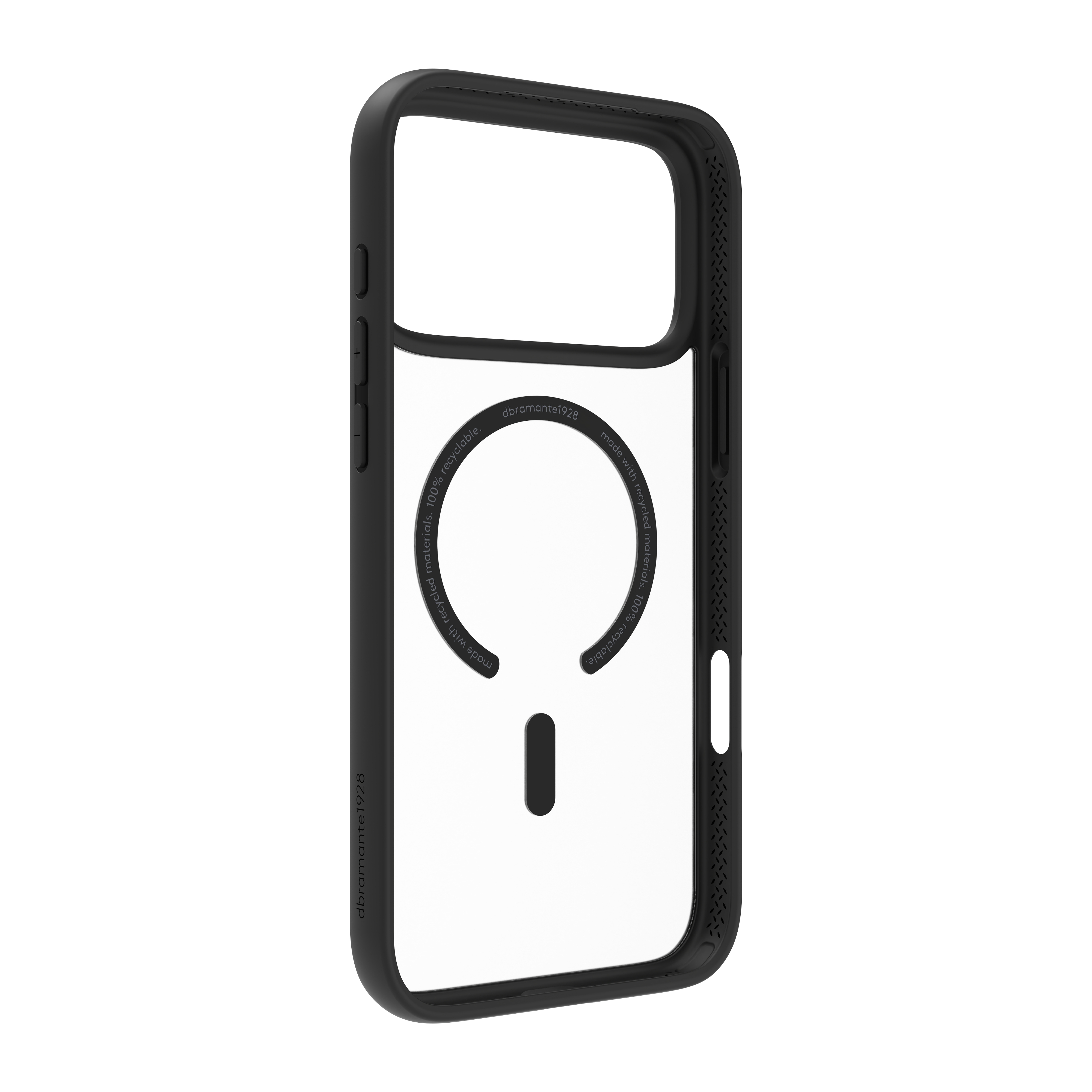 Custodia nera per telefono con centro trasparente. Testo del marchio visibile. Bordi strutturati.