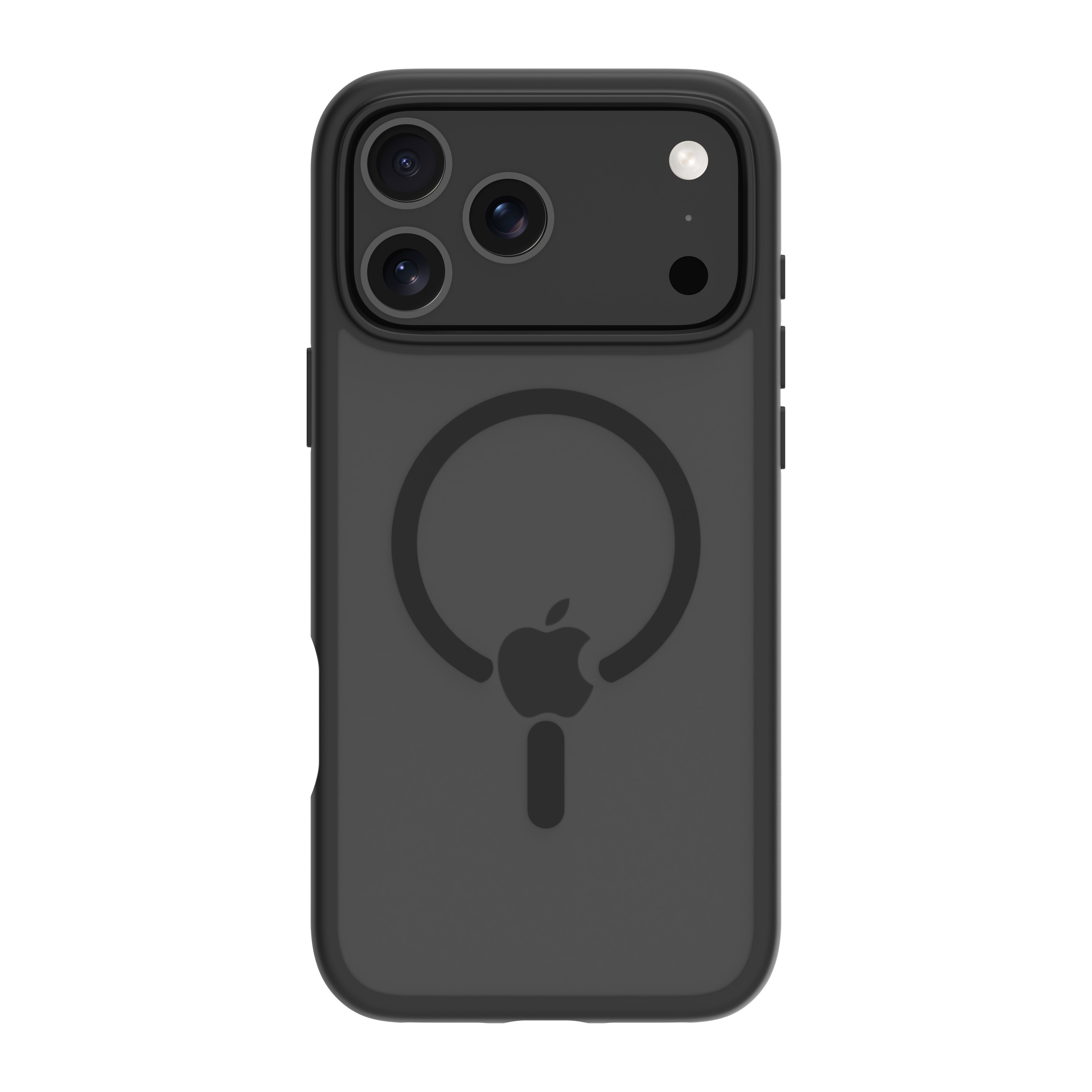 Custodia nera per telefono con ritaglio per fotocamera e logo Apple su sfondo bianco.