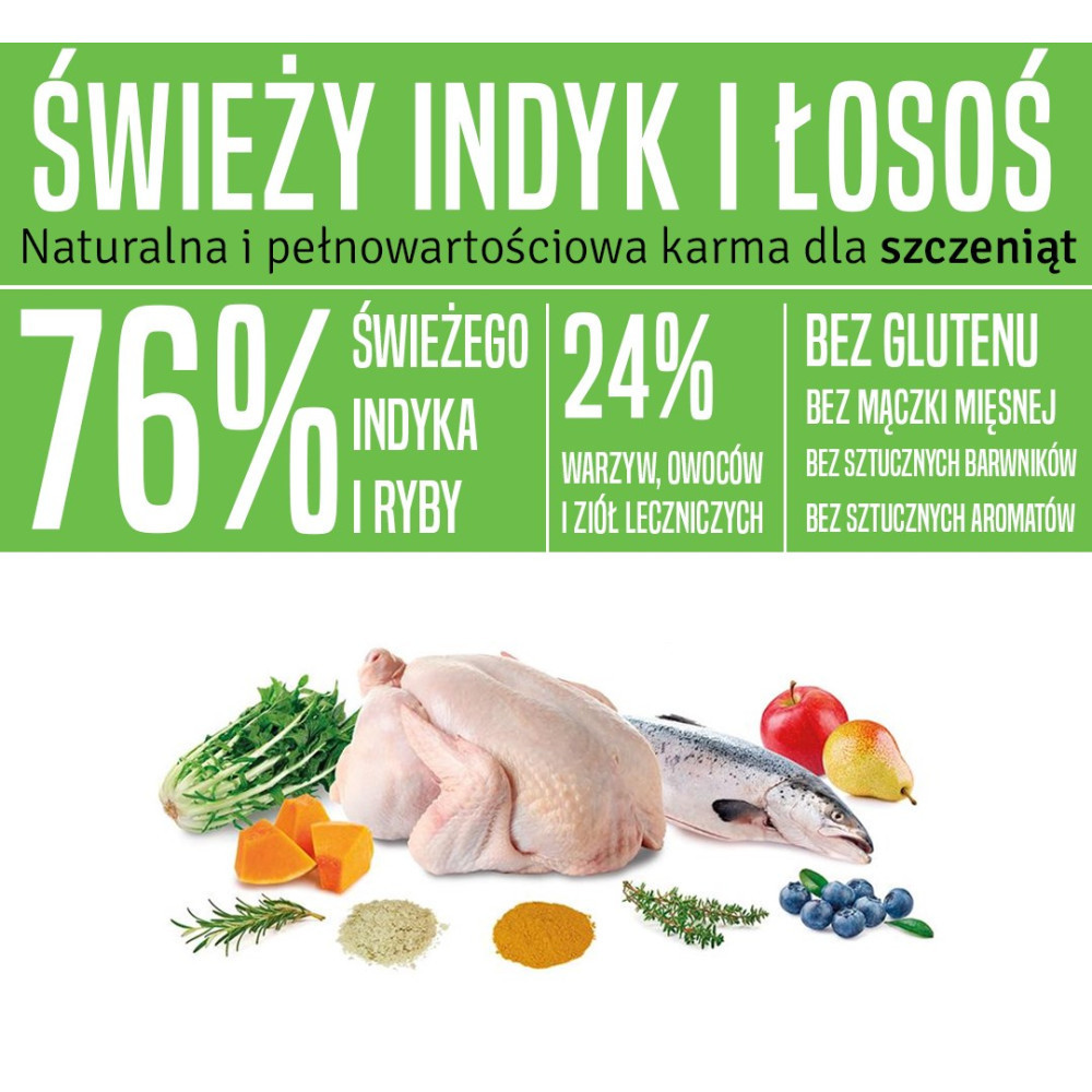 Obraz przedstawia składniki. Pokazano kurczaka, łososia, owoce, warzywa i zioła. Tekst zawiera procenty i informacje o wartości odżywczej.