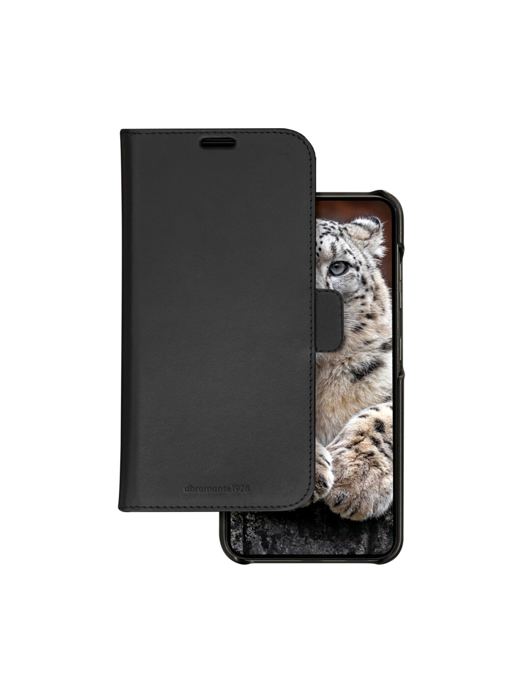Una custodia per telefono con una cover nera, che rivela uno smartphone con un'immagine di leopardo delle nevi sullo schermo. La custodia è aperta.