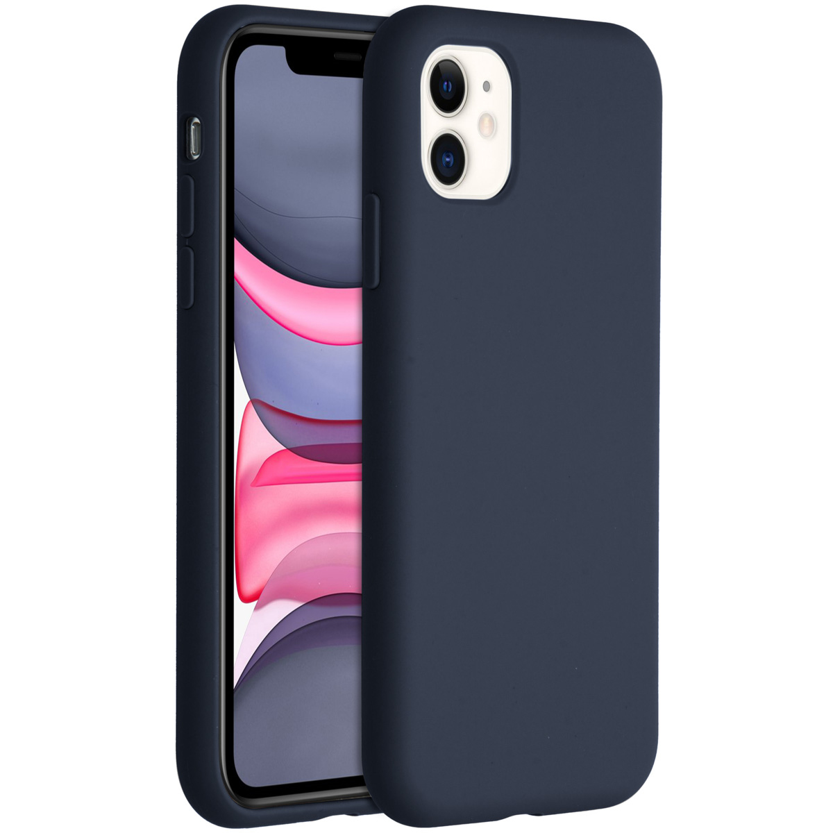 Een donkerblauwe telefoonhoes naast een telefoon. Het telefoonscherm toont een kleurrijke achtergrond. De hoes bedekt de achterkant en zijkanten.
