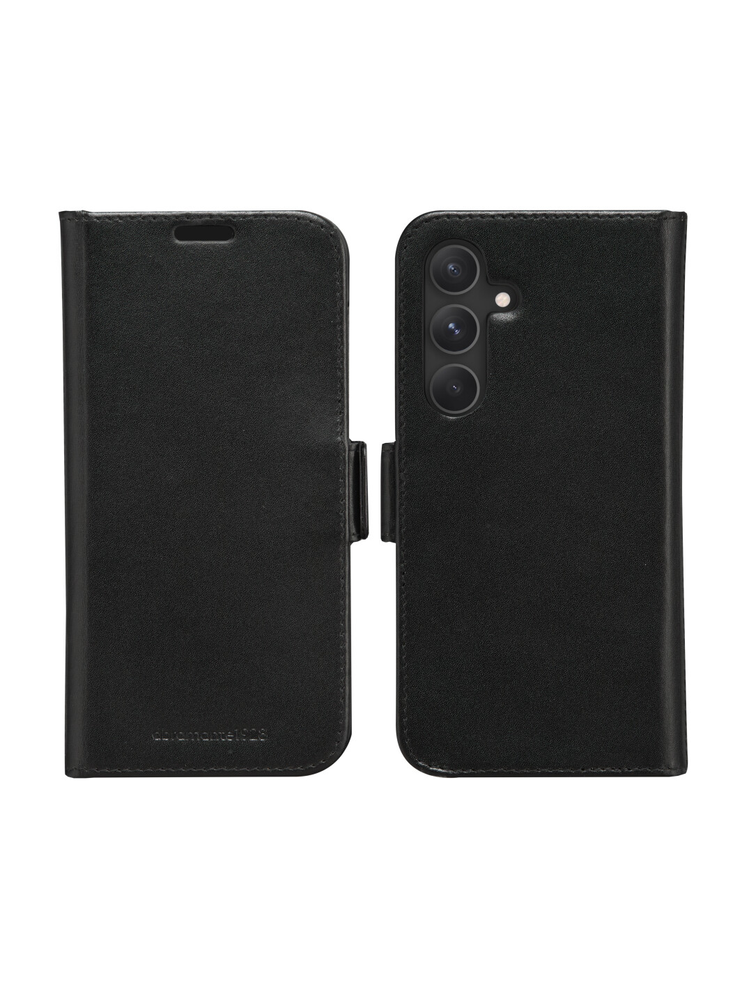 Una custodia nera per telefono, aperta per rivelare il supporto e la copertura del telefono. La custodia ha una chiusura magnetica.