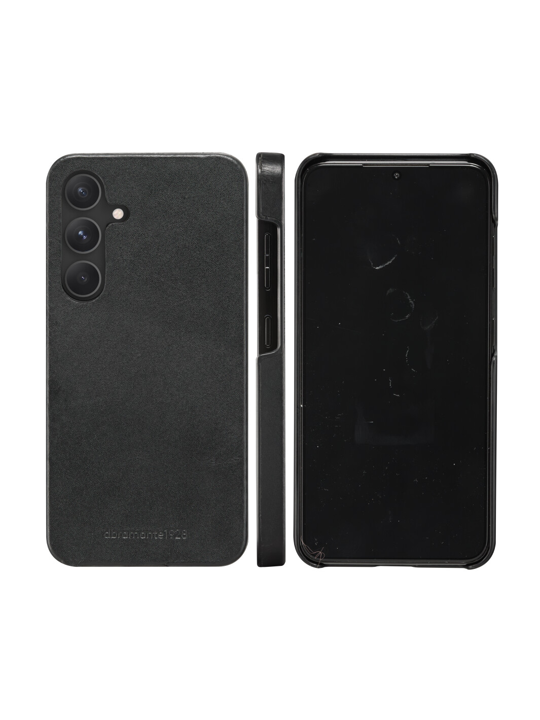 Uno smartphone nero con custodia strutturata è mostrato da tre angolazioni. La custodia ha tre lenti della fotocamera e il marchio.
