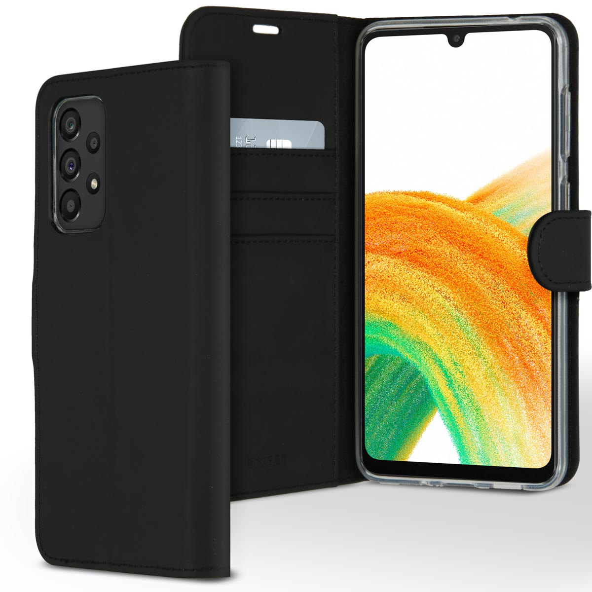 Un étui de téléphone noir avec un téléphone à l'intérieur. L'étui est ouvert, montrant l'écran du téléphone avec un motif orange abstrait.