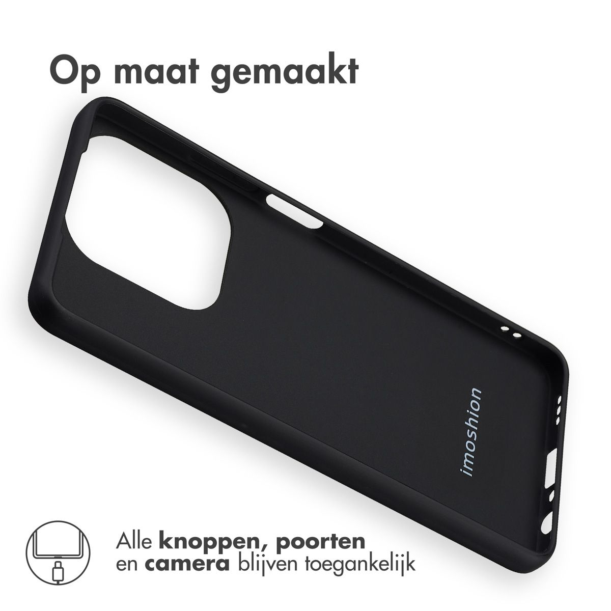 Een zwarte telefoonhoes met het imoshion-logo wordt schuin getoond. De Nederlandse tekst luidt: 'Op maat gemaakt'. De hoes heeft uitsparingen.