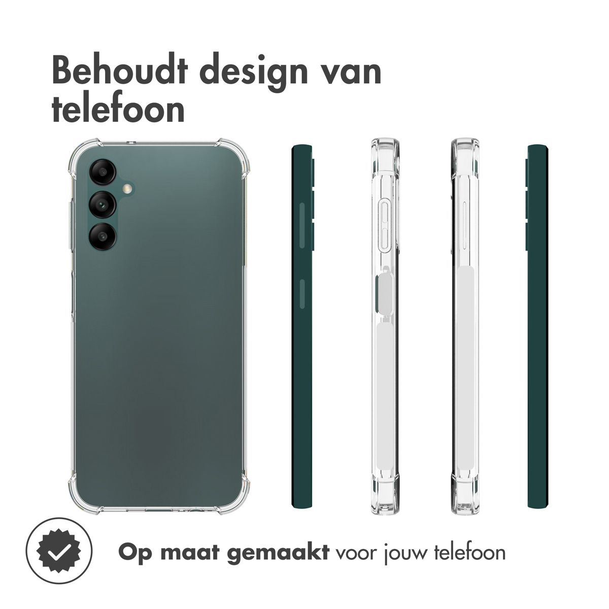 Un téléphone dans un étui vert, à côté de trois étuis. Texte : Behoudt design van telefoon. Op maat gemaakt voor jouw telefoon.