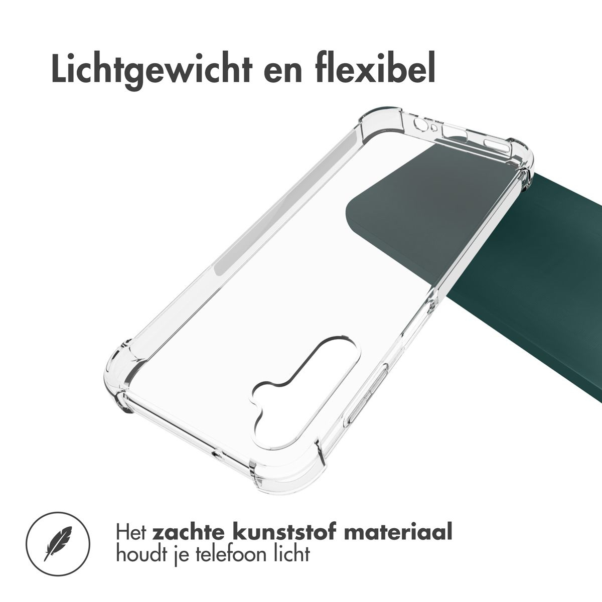 Une coque de téléphone transparente est montrée avec un fond vert foncé. Le texte indique 'Léger et flexible' et 'Le plastique souple garde votre téléphone léger'.