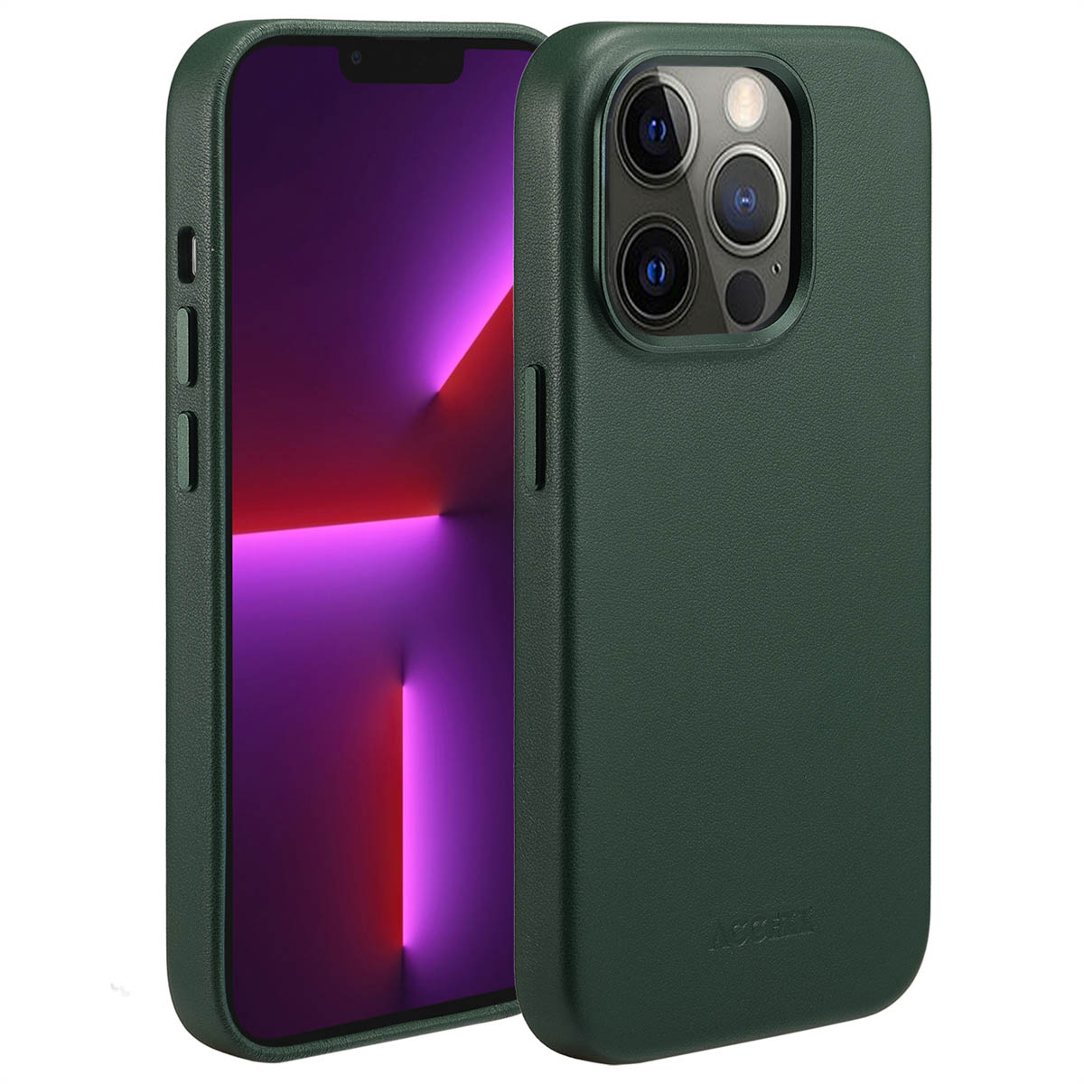 Un iPhone vert dans un étui assorti. L'écran du téléphone affiche un dégradé de rouge et de violet. L'étui a une finition texturée.
