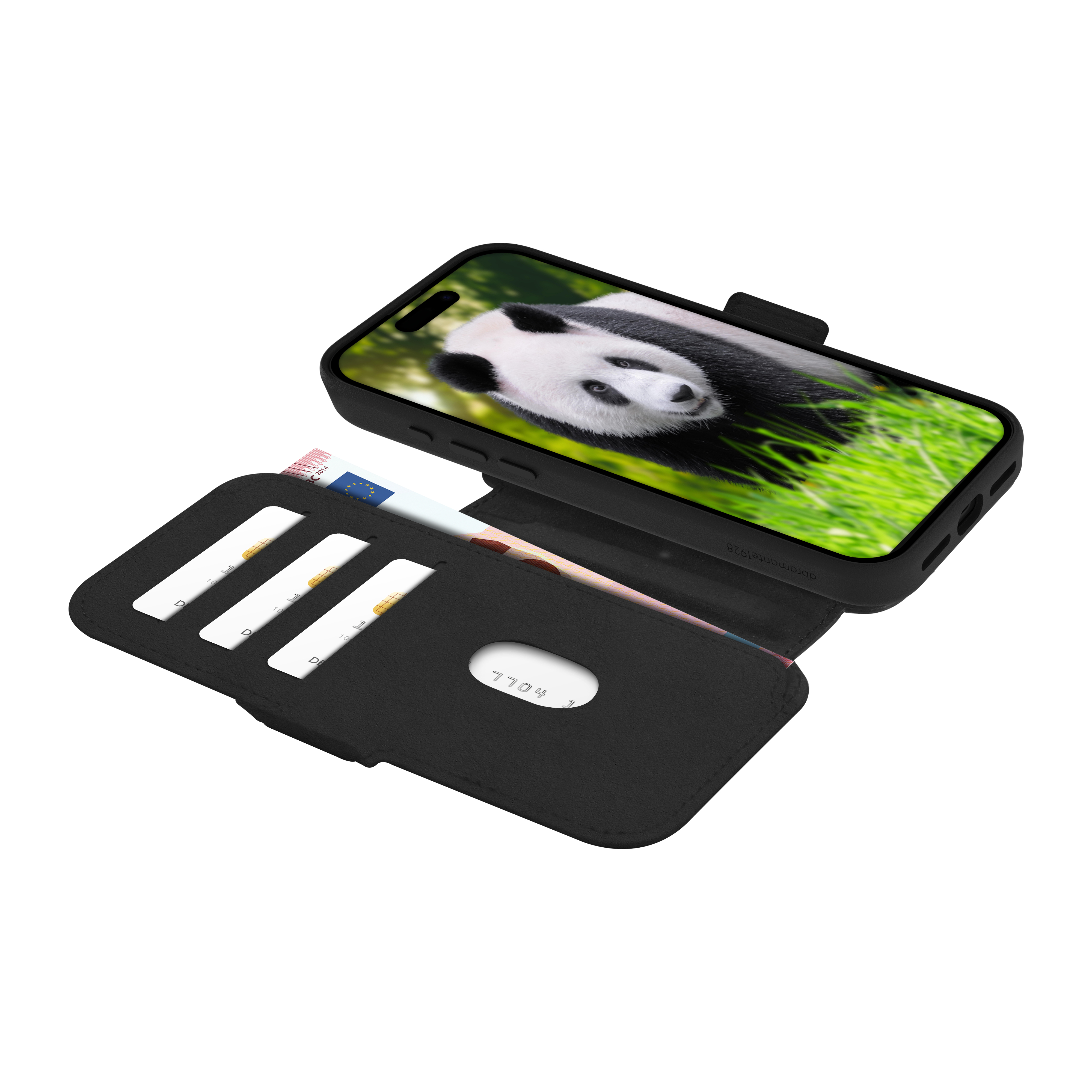 Custodia nera con panda sullo schermo. Custodia aperta, che mostra carte e denaro. Sfondo bianco.